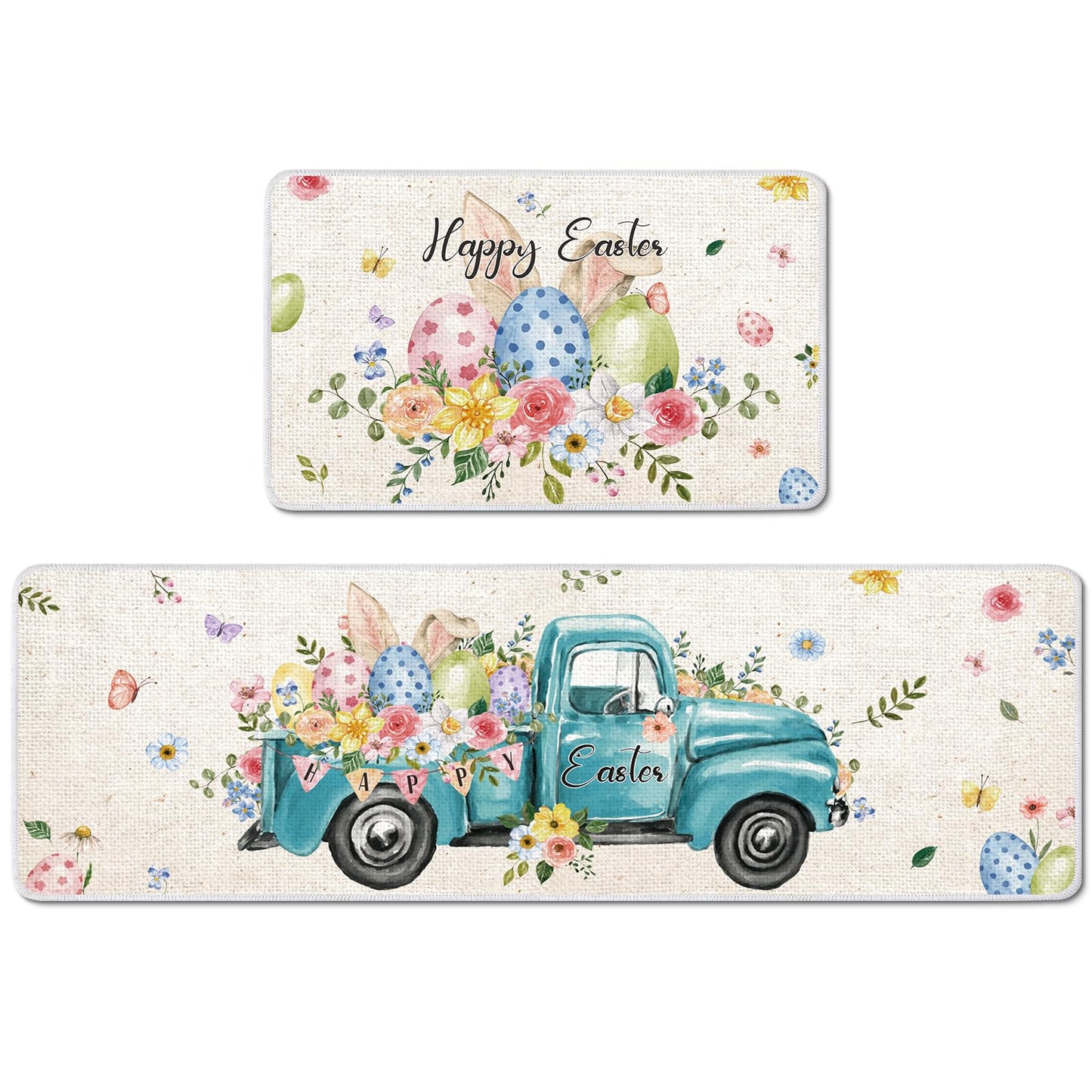 Drydiet 2 Pcs Easter Kitchen Mats Non Slip Washable Kitchen Rugs and Mats Truck Easter Egg Decorative Kitchen Floor Mat Seasonal Doormat for Home Bathroom Holiday Easter Party Decoration