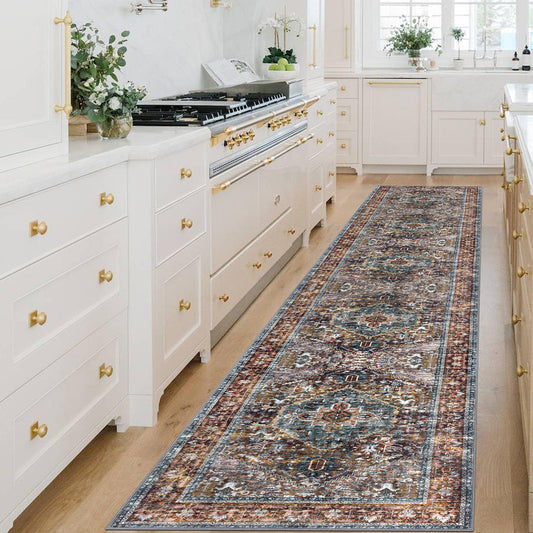 KOZYFLY Area Rug 3x14 Ft Washable Boho Runner Rug for Entryway Hallway Indoor Printed Faux Wool Carpet for Kitchen Bedroom Hall, Brick Red/Orange/Green