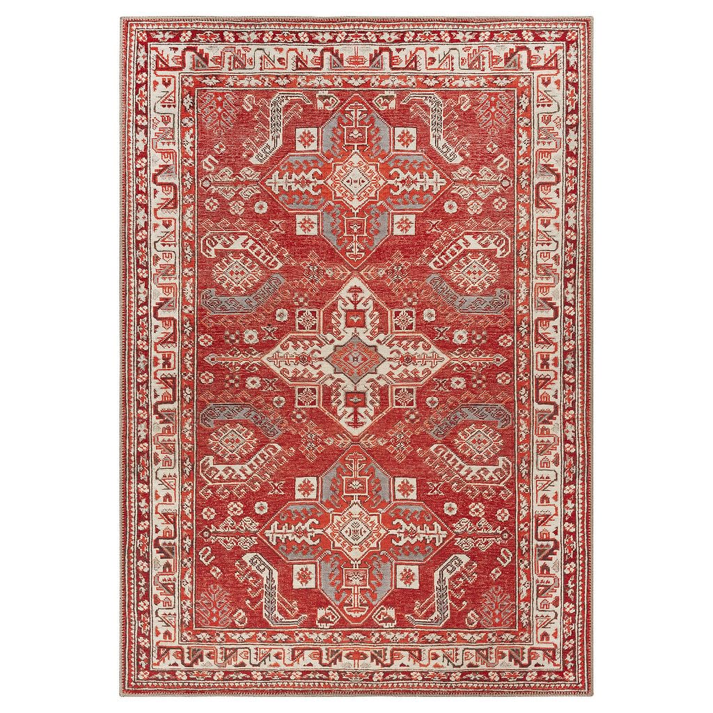 GLN Rugs Vintage - Knossos - Machine Washable Area Rug, Oriental Washable, Non Slip, Low Pile Chenille Area Rug, Living Room, Bedroom, Kitchen Rug - Easy Clean (5'x7' Red and Beige)
