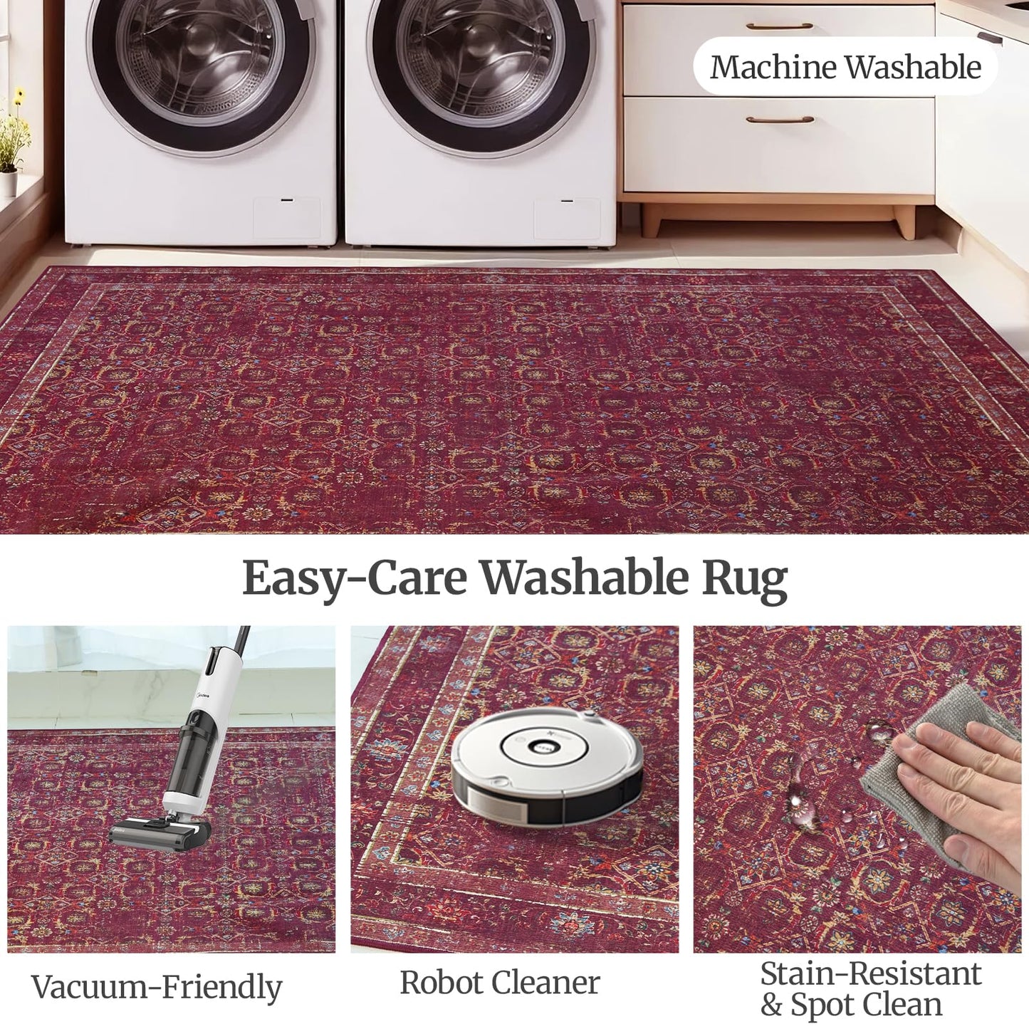 Inlume 3x5 Soft Washable Area Rugs for Living Room and Bedroom, Non-Slip Stain Resistant Indoor Carpet, Cozy Floor Mat for Dining Room, Office, Stain Resistant Entryway Persian red Floral