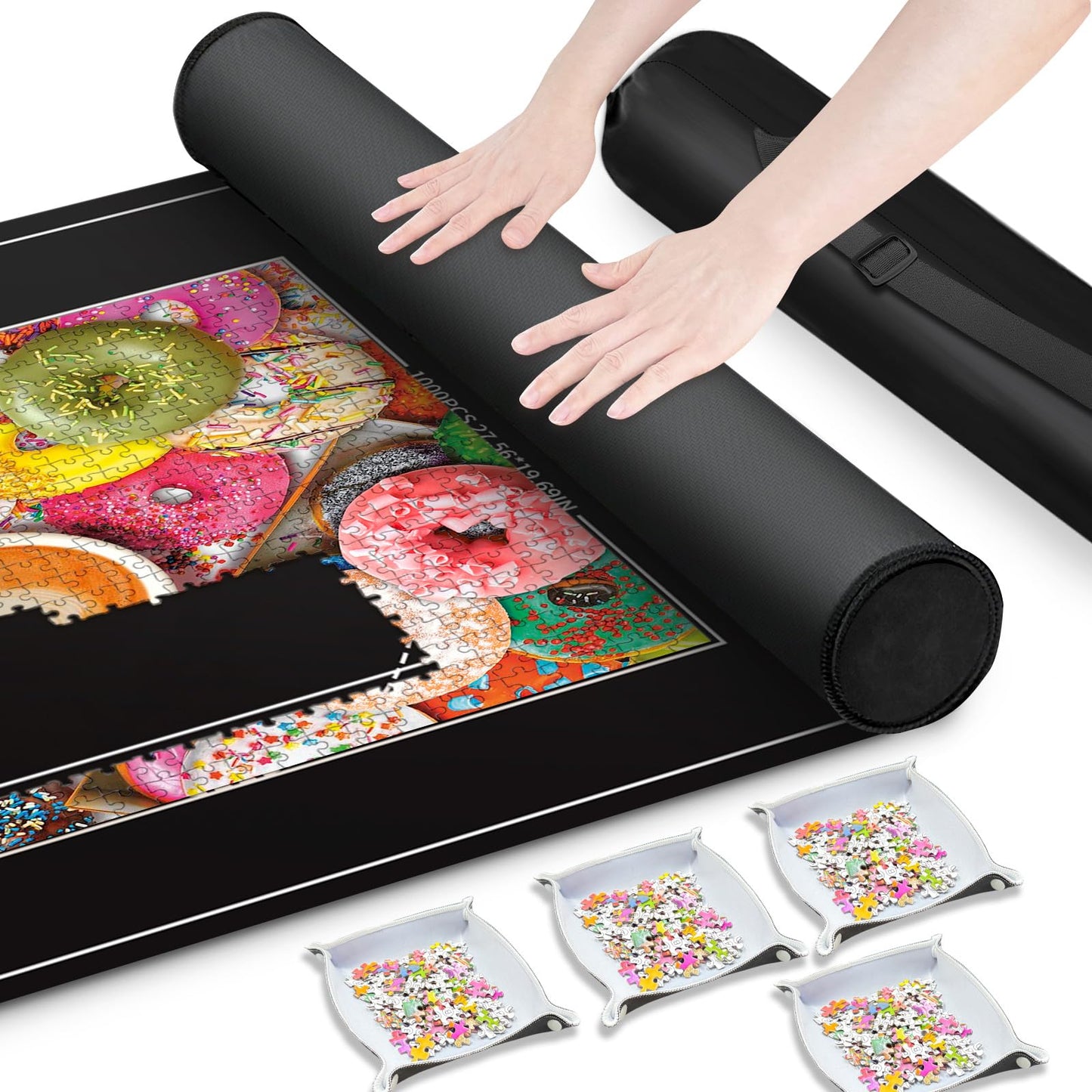 Nattork Jigsaw Puzzle Mat Roll Up，Portable Saver Pad Up to 2000 Pieces，with Non-Slip Rubber Bottom，4 Puzzle Sorting Trays & 1 Storage Bag