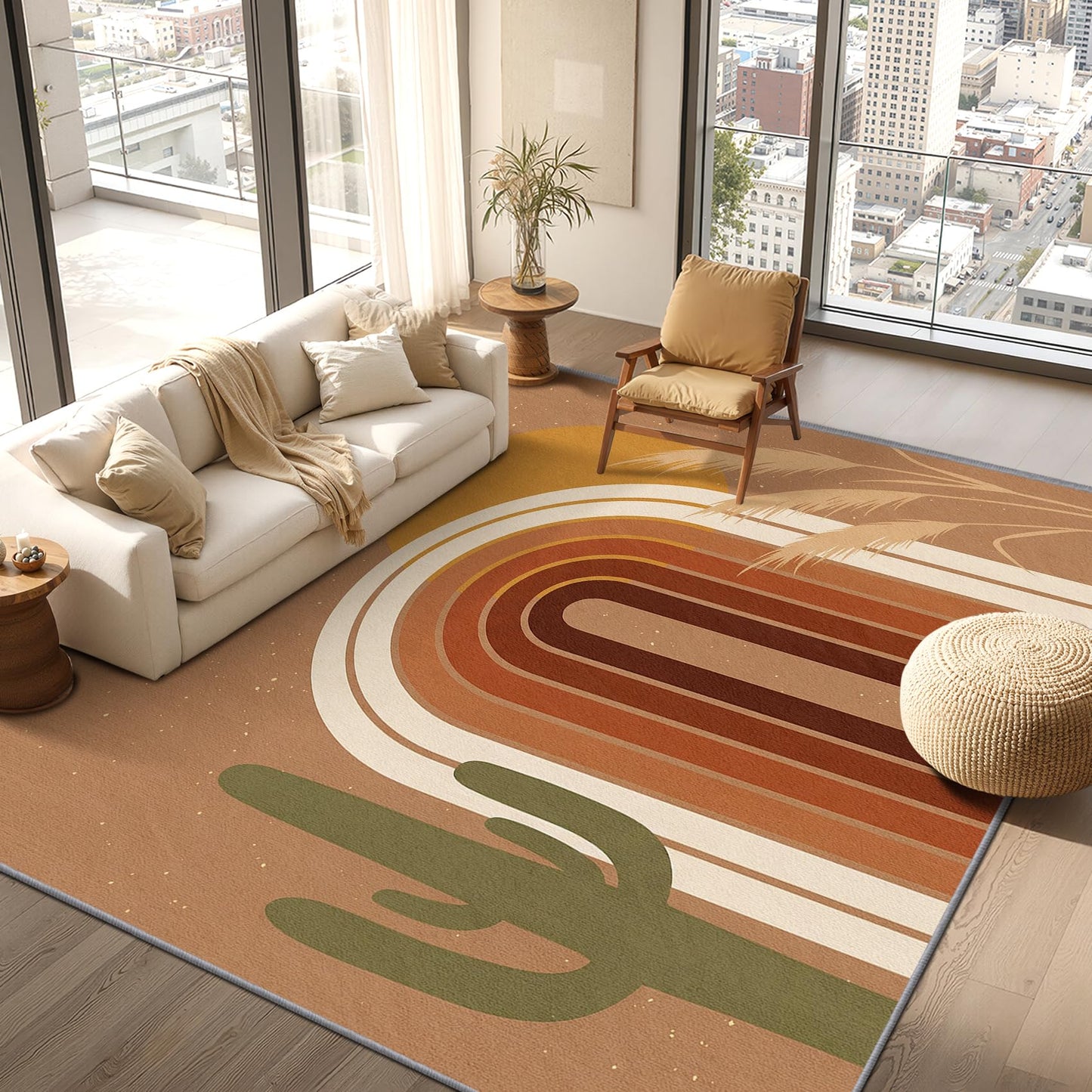 Phtbz Mid Century Rugs 8x10-7x10 ft, Abstract Rug, Modern Geometric Cactus Area Rugs for Living Room Bedroom, Boho Earth Tone Sun Rainbow Washable Rug Non-Slip Carpet, Mid Century Home Decor & Gifts