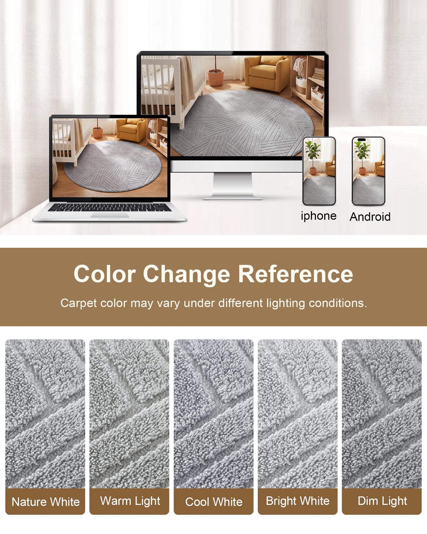 Carvapet 5.2ft Round Area Rug - Light Grey High Low Pile Modern Floor Carpet, Washable Plush 3D Texture Circle Mat with Skid-Resistant Rubber Backing for Living Room Nursery