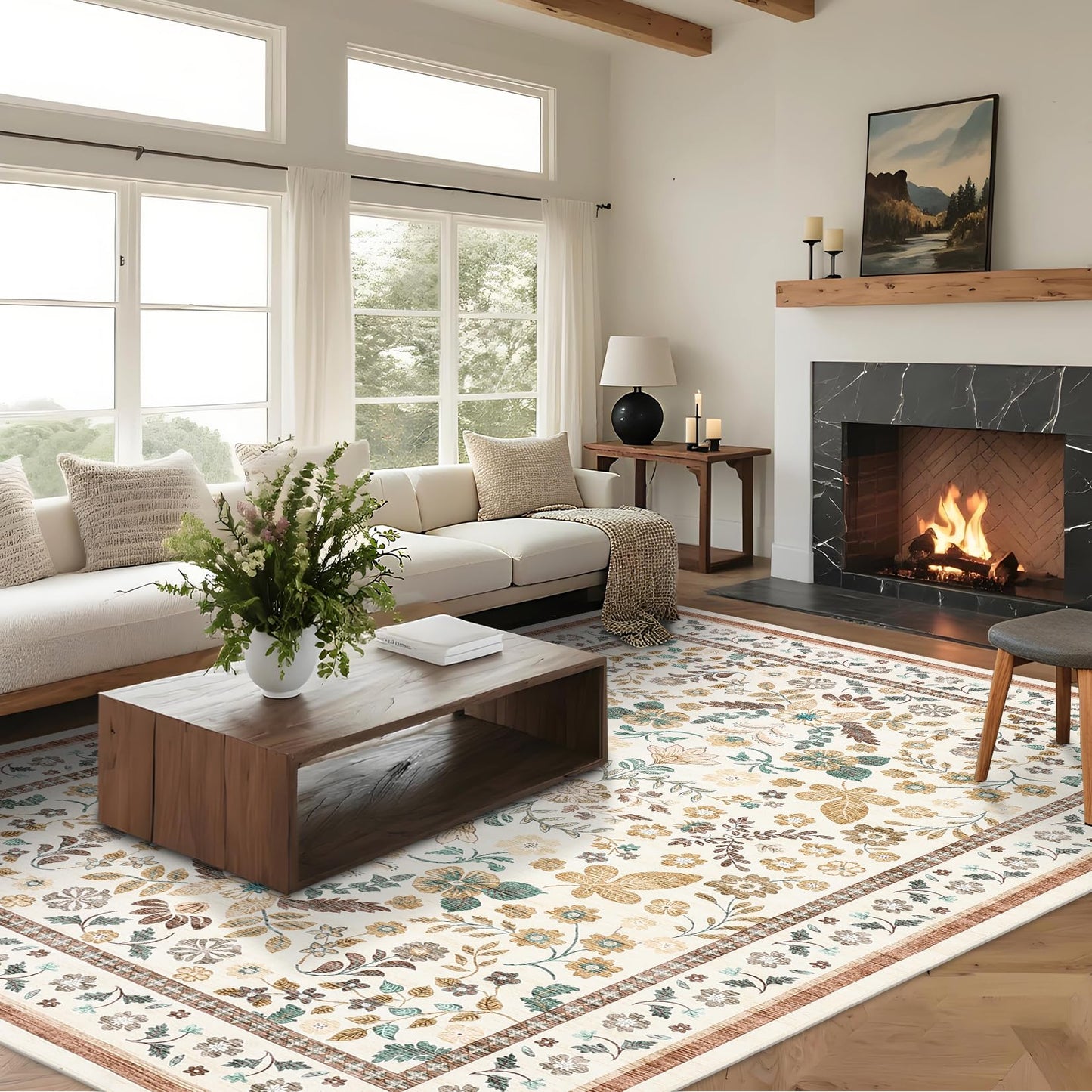 GarveeHome Rugs for Living Room 9x12 Machine Washable Soft Print Boho Low Pile Flower Area Rugs Non-Slip Backing Stain Resistant for Bedroom Farmhouse Dining Room Nursery Beige