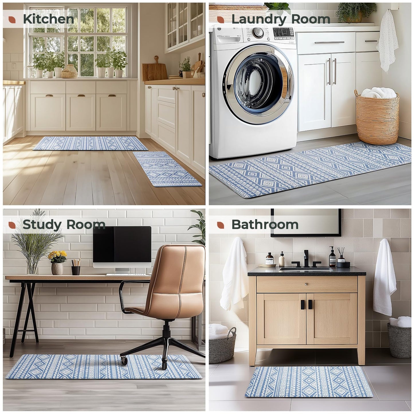 FRESHMINT Anti Fatigue Kitchen Mats for Floor 2 Piece Set, Waterproof & Non-Skid Boho Kitchen Rugs, Cushioned Kitchen Mat for Standing Washable Comfort Desk Kitchen Runners, 17x30+17x47