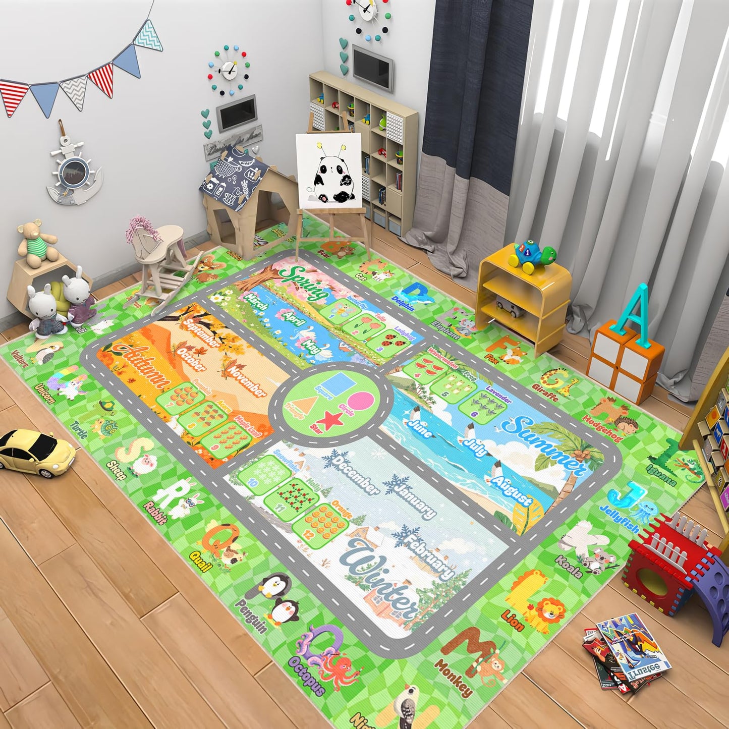 Auetwyona Kids Playroom Rug 3' x 5'- Educational Alphabet ABC Mat with Animals,Seasons & Numbers | Classroom Rug & Playroom Essential Fun Play Mat Washable Kids Area Rug for Boys & Girls Bedroom