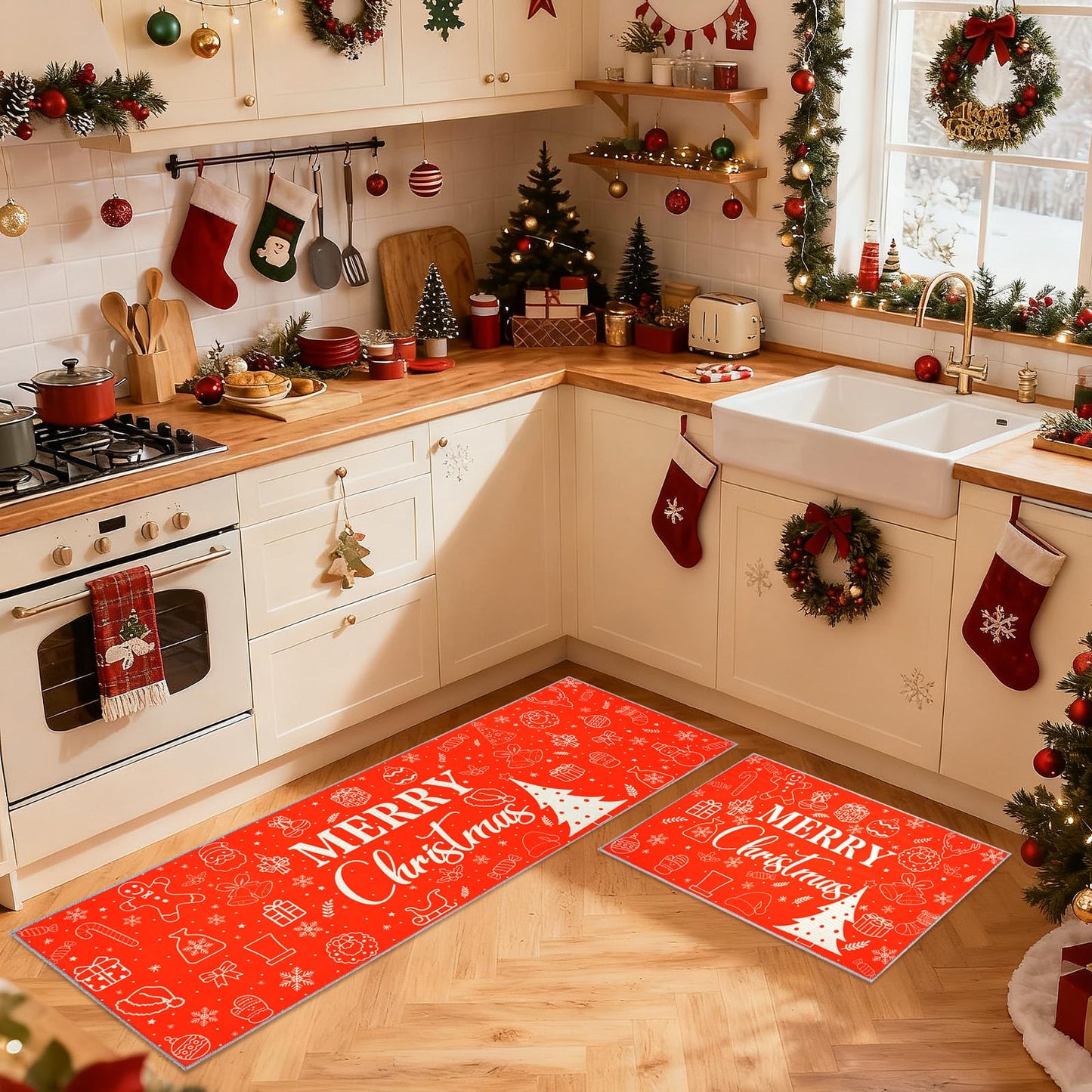 2 Pieces Red Merry Christmas Kitchen Rugs Set, Non Slip Kitchen Floor Mat with Xmas Tree Snowflake Decor Christmas Kitchen Mats Home Low-profile Washable Rugs for Kitchen Bathroom Sink Laundry