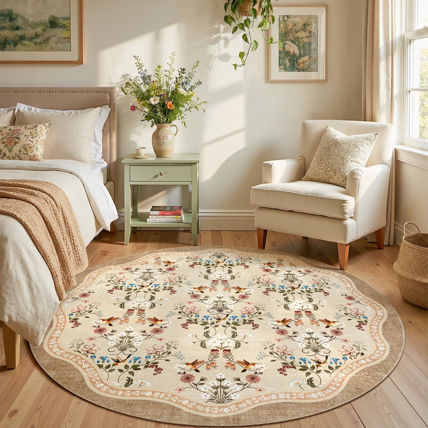 jinchan Round Rug 6ft Floral Entryway Rug Soft Washable Kitchen Oriental Non Slip Mat Low Pile Chinoiserie Lightweight Flower Throw Carpet for for Bedroom Living Room Playroom Office, Light Taupe