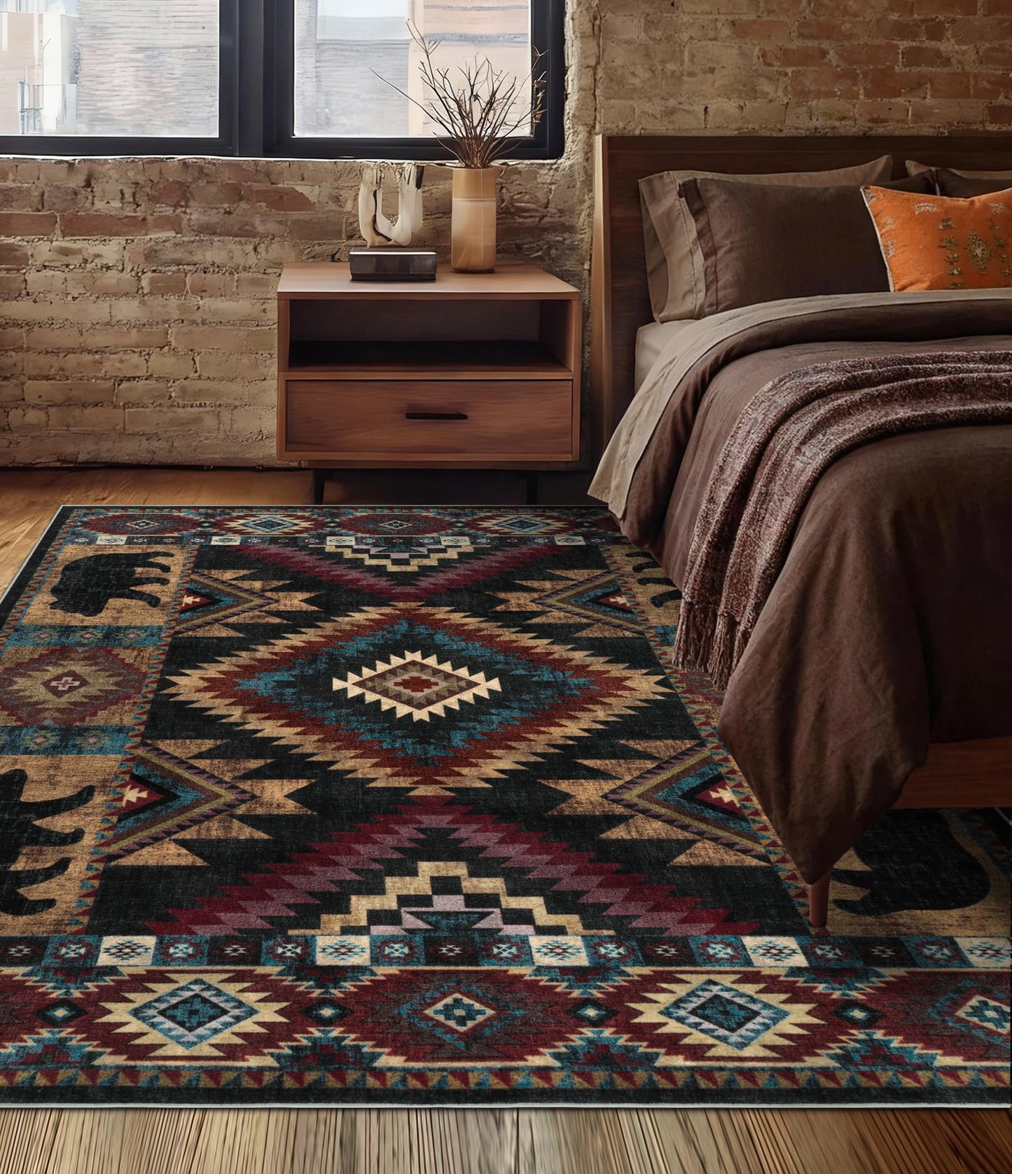 YIHOUSE Rustic Cabin Area Rug 4x6,Machine Washable Lodge Bear Rug,Non-Slip Low Pile Print Pattern Western Aztec Rug for Living Room Bedroom