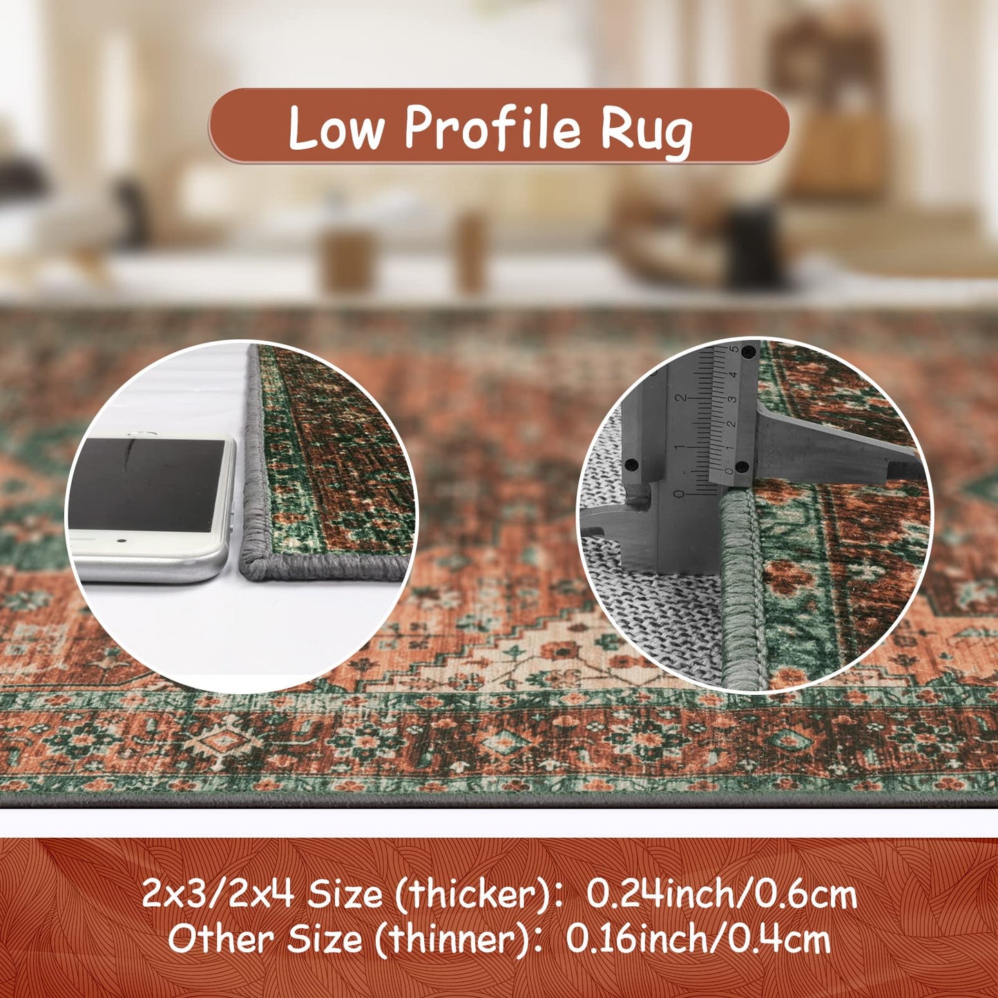 Moynesa 8x10 Ultra-Thin Vintage Area Rug - Oriental Print for Bedroom, Living Room, Under Table, Office, Entryway - Brick Red/Dull Teal