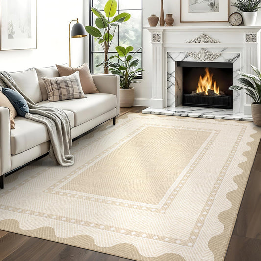 COZYLOOM Modern Living Room Rug 5x7 Rug for Entryway Indoor Machine Washable Area Rugs with Non Slip Backing, Non Shedding Stain Resistant Neutral Bordered Carpet for Office Nursery, Beige