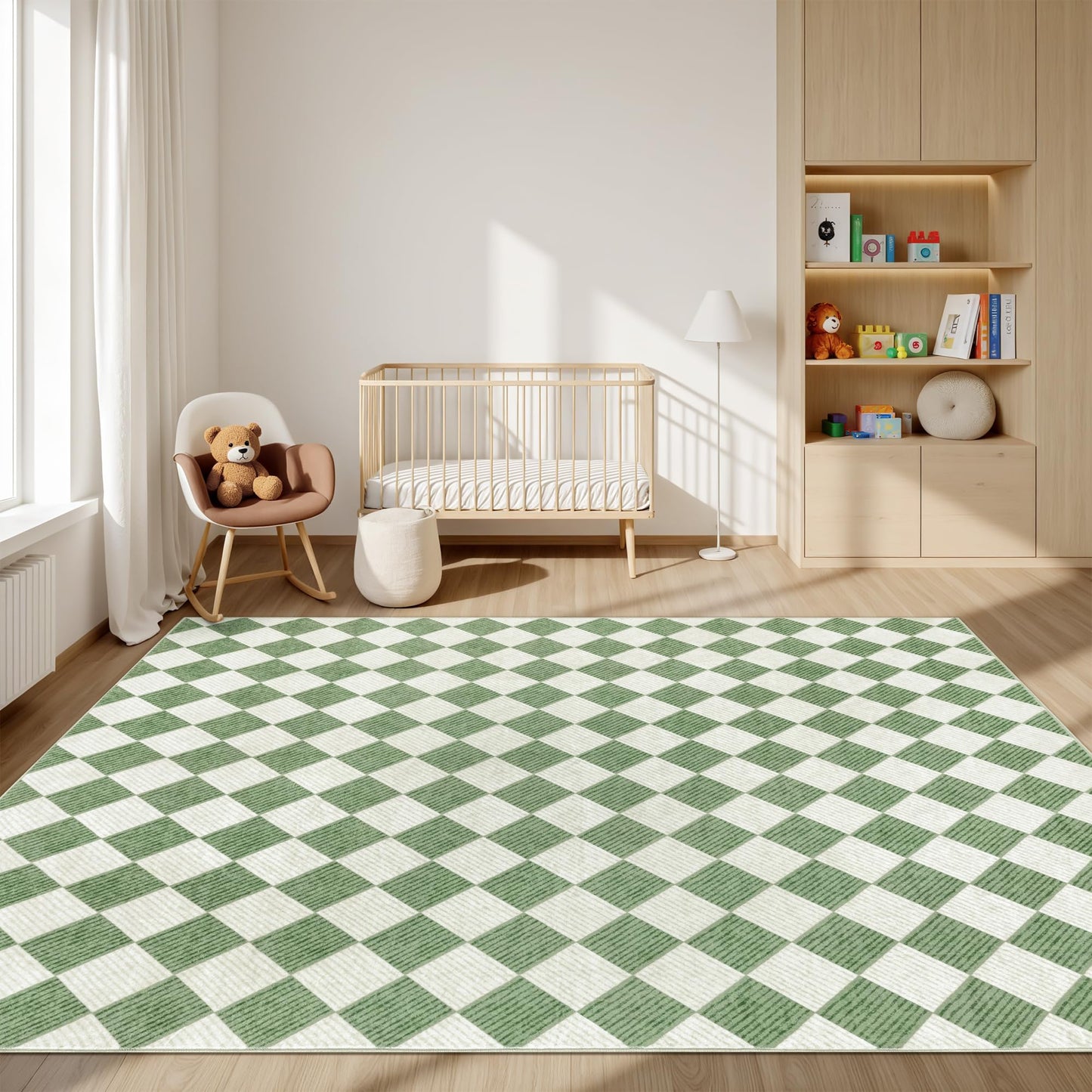 Kiginara Washable Green Checkered Rug 5x7, Non-Slip Low Pile Area Rug for Living Room, Bedroom, Nursery, Modern Neutral Farmhouse Diamond Carpet, Pet & Kid Friendly