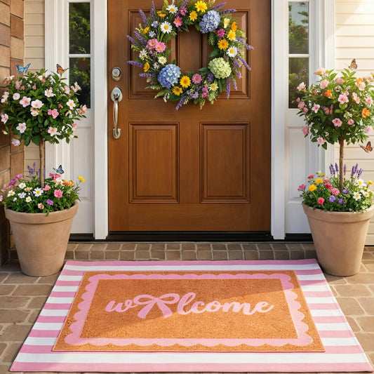 Tinideya 2 Pcs Pink Bow Welcome Doormat Layered Pink and White Striped Door Mat 23x35 Inch Coquette Non Slip Nature Coir Doormat for Front Door Porch Coquette Wedding Entryway Decor