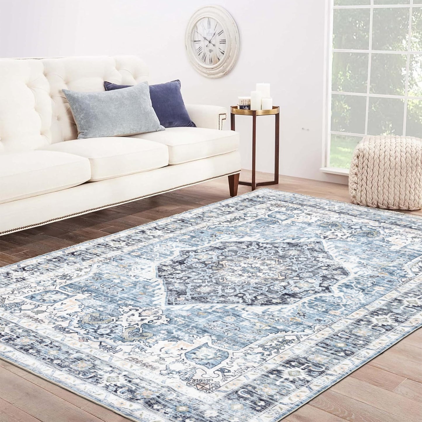 Domitapis Area Rug 8×10, Large Vintage Boho Rug,Ultra-Soft Low Pile, Washable, Non Slip,Stain Resistant, Printed Carpet for Living Room Bedrooms Playroom Office Kitchen, Light Blue