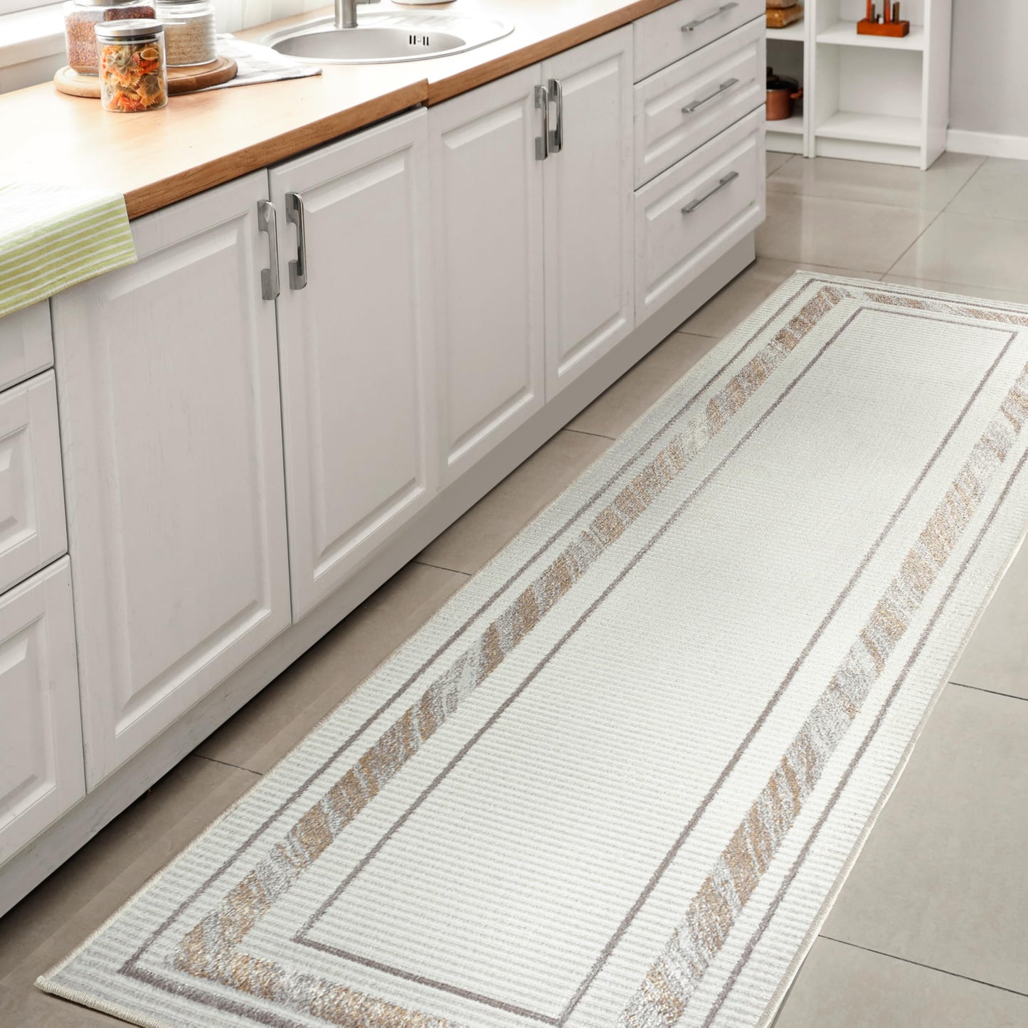 JONATHAN Y Marble Pattern High-Low Silver/Gold Runner Rug, 2x8, Athens Classic Border, Easy-Cleaning for Living Room, Bedroom, Kitchen, Pet Friendly, Non-Shedding (CAR102C-28)