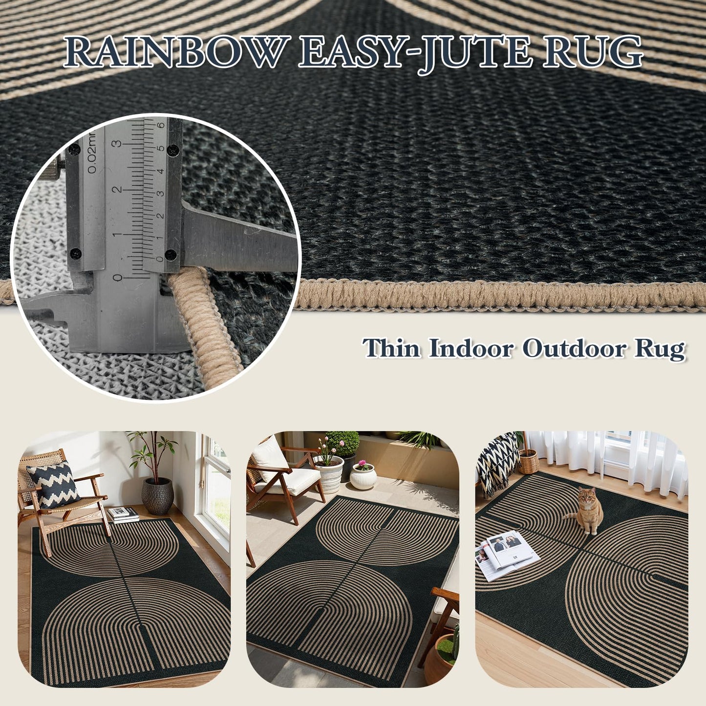 Lahome Modern Rainbow Easy Jute 4x6 Rug, Outdoor Patio Rug for Living Room Washable Black Carpet for Bedroom, Contemporary Non Slip Non Shedding Floor Carpet for Office Backyard