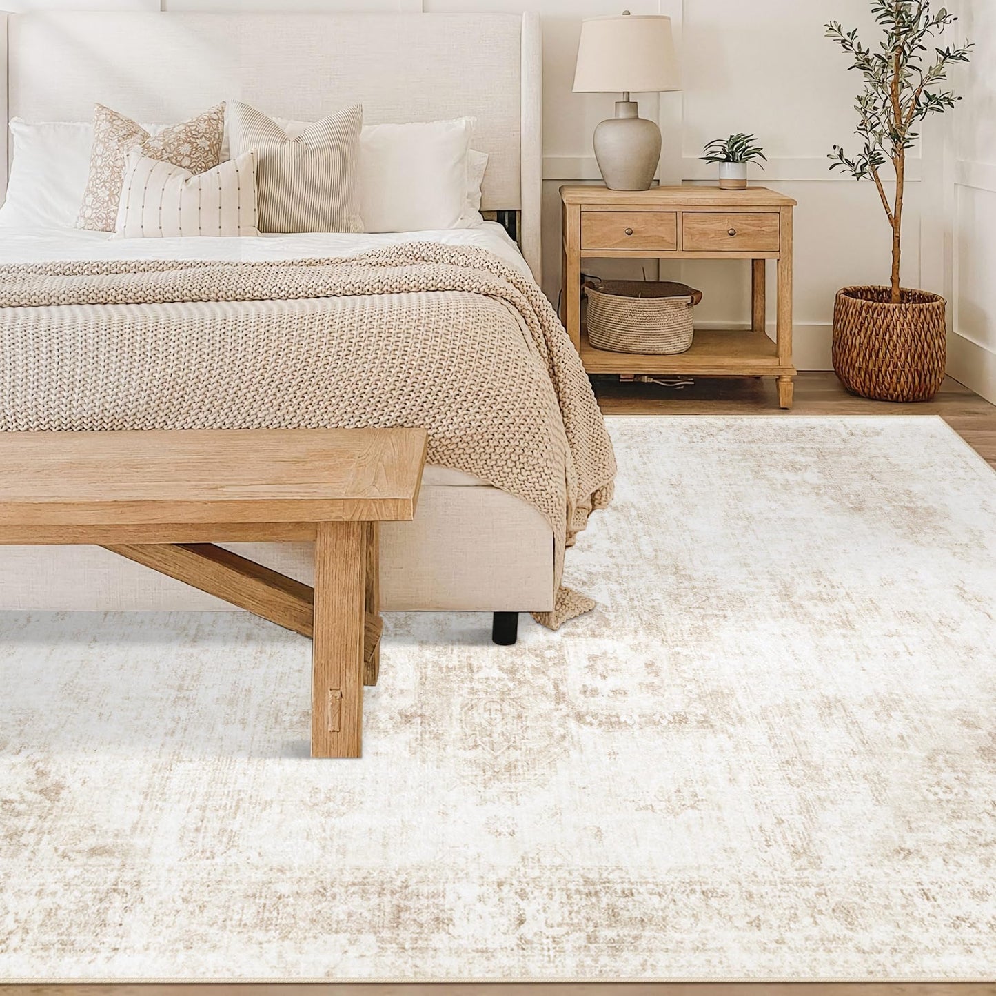 VECARF Area Rug 6x9 Washable Rug, Vintage Boho Medallion Rugs Non-Slip Soft Low Pile Large Distressed Rug Indoor Retro Carpet for Living Room Bedroom Dining Room Home Office (Beige, 6'x9')