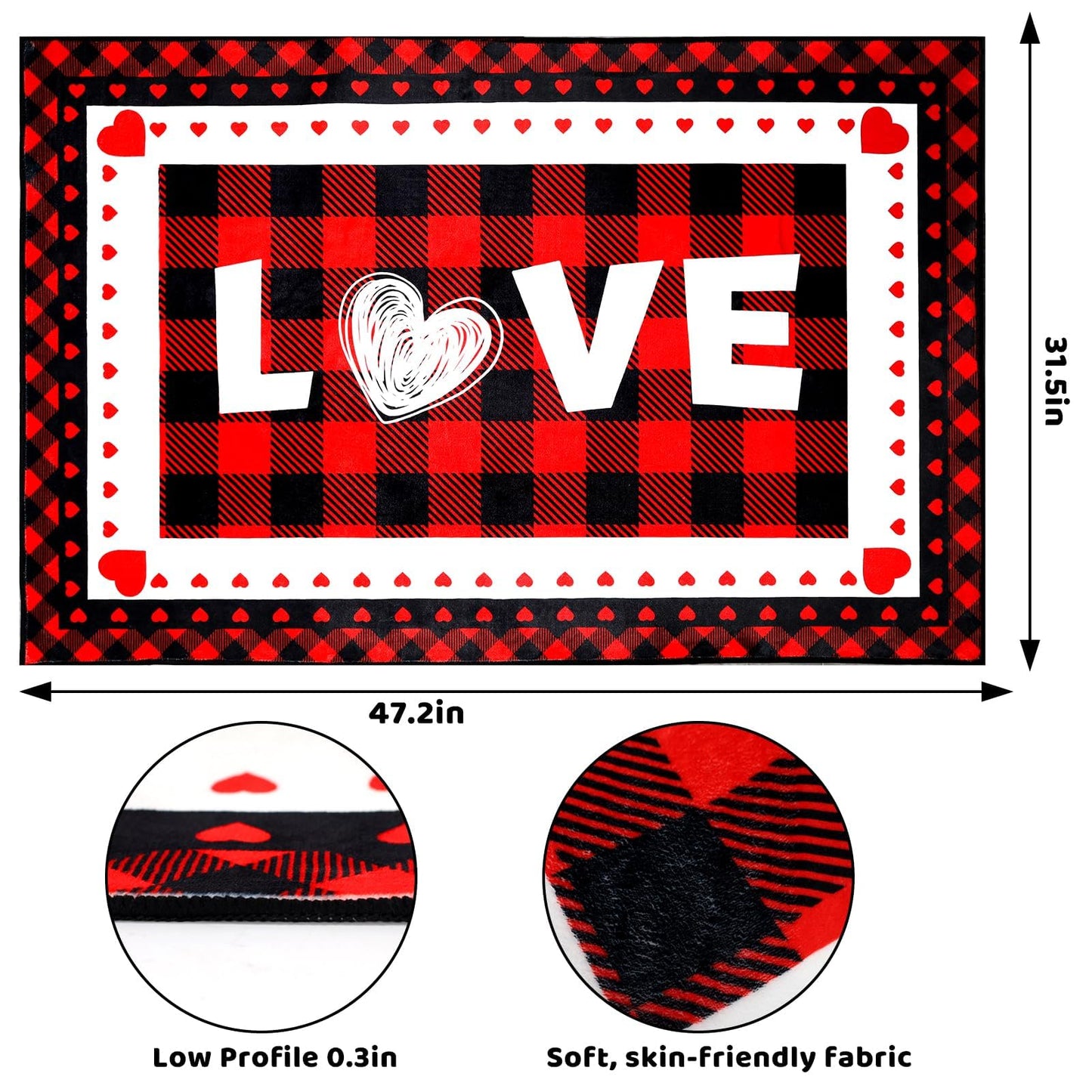 Svepndic Valentine's Day Mat 32"x48" Non Slip Holiday Floor Mat,Welcome Doormat Red Front Door Rug,Washable Entrance Door Mats Low Profile Buffalo Plaid Rug Love Heart Decorative Doormat