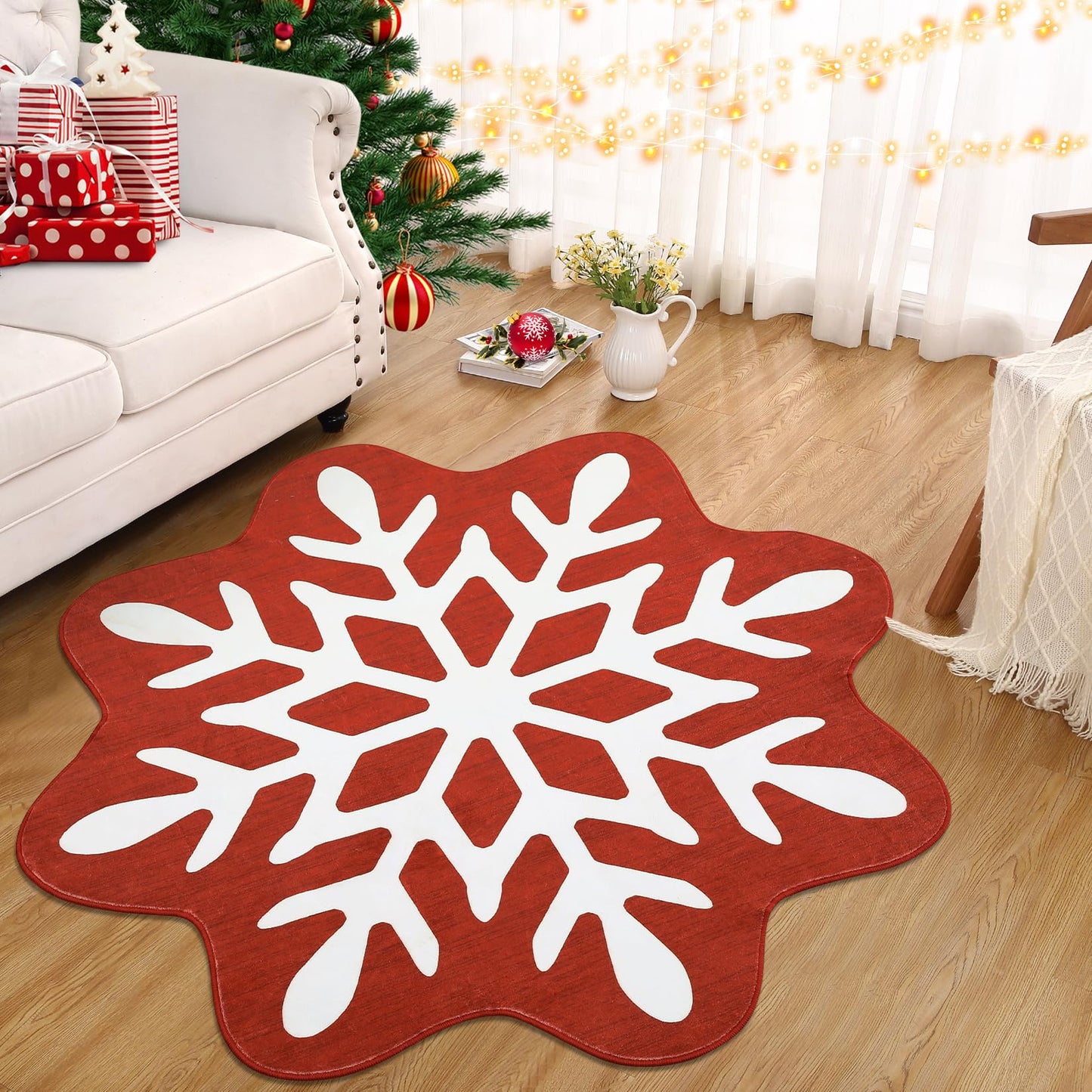 GarveeHome Christmas Round Rug Washable Area Rugs 3ft Circle Rug for Living Room Non Slip Soft Non Shedding Throw Rugs Low Pile Stain Resistant Room Decor Carpet for Dining Room Snowflake 3 ft x3'