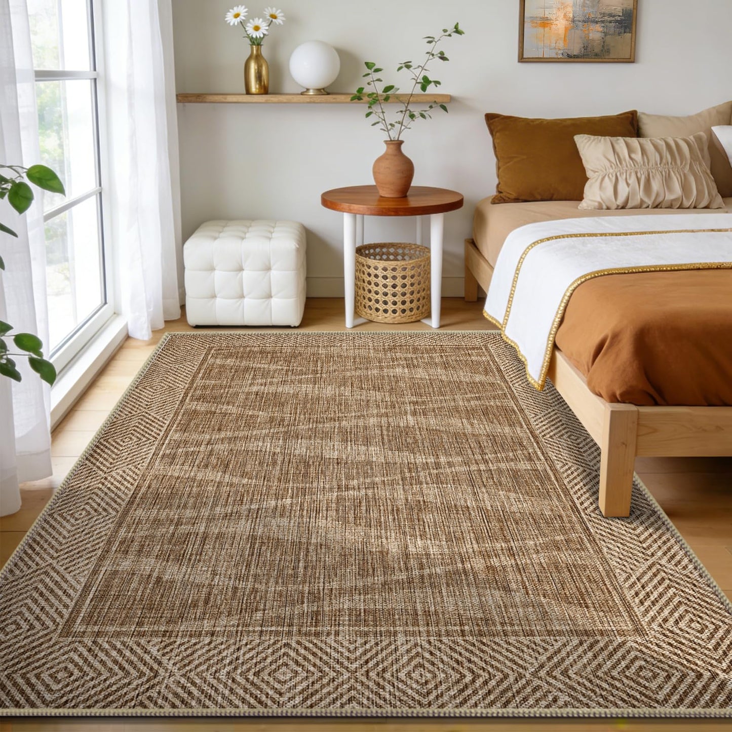 Jute Rug 5x7 Outdoor Patio Rug with Border, Washable Rugs for Living Room, Farmhouse Non Slip Area Rugs with Rubber Backing Indoor Outdoor, Non Shedding Carpet for Bedroom, Courtyard, Light Brown