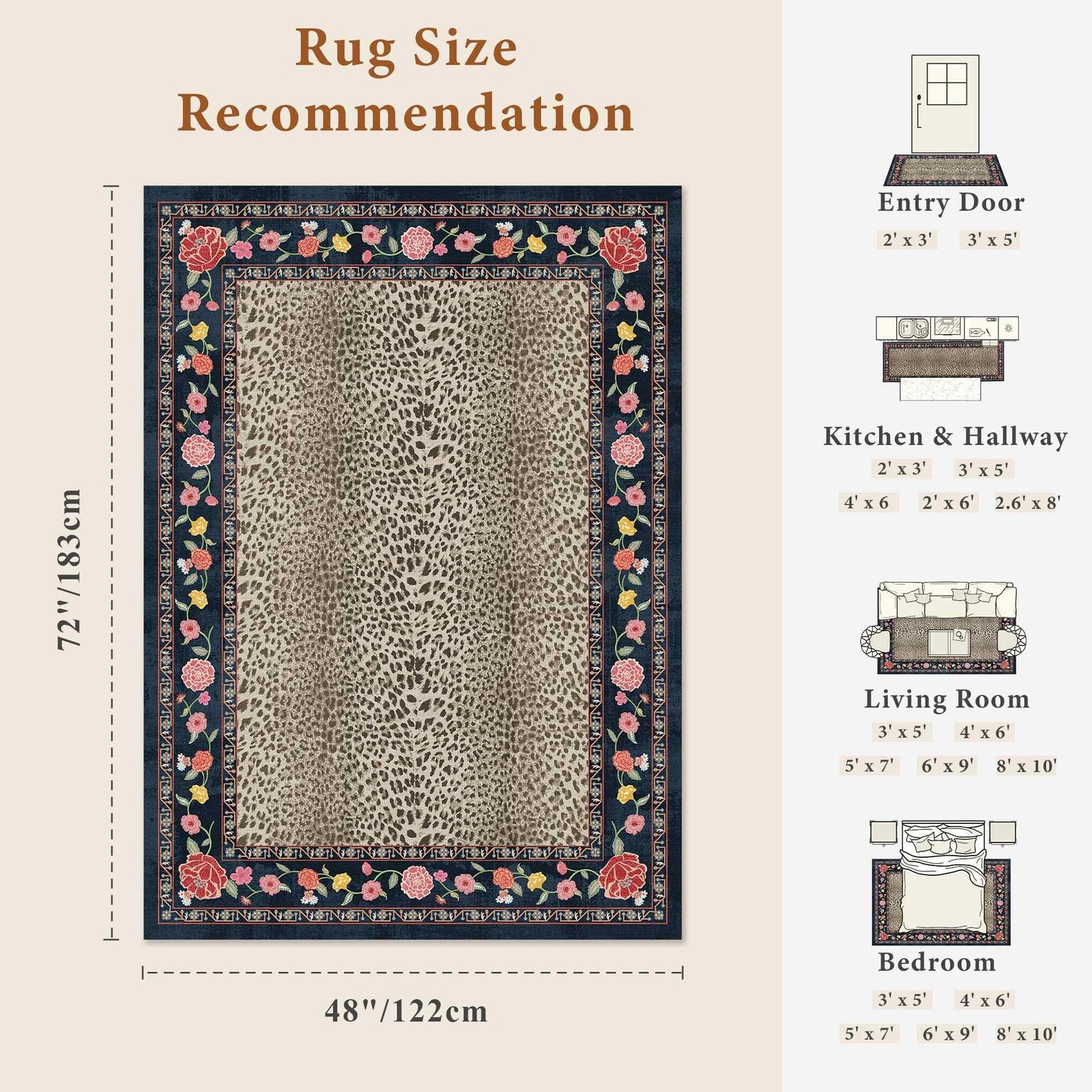 Rugxara 4x6 Leopard Print Rug for Living Room, Machine Washable Area Rug for Bedroom, Non-Slip Low Pile Animal Cheetah Carpet with Rubber Backing for Dining Room Kitchen Home Decor, Brown Blue