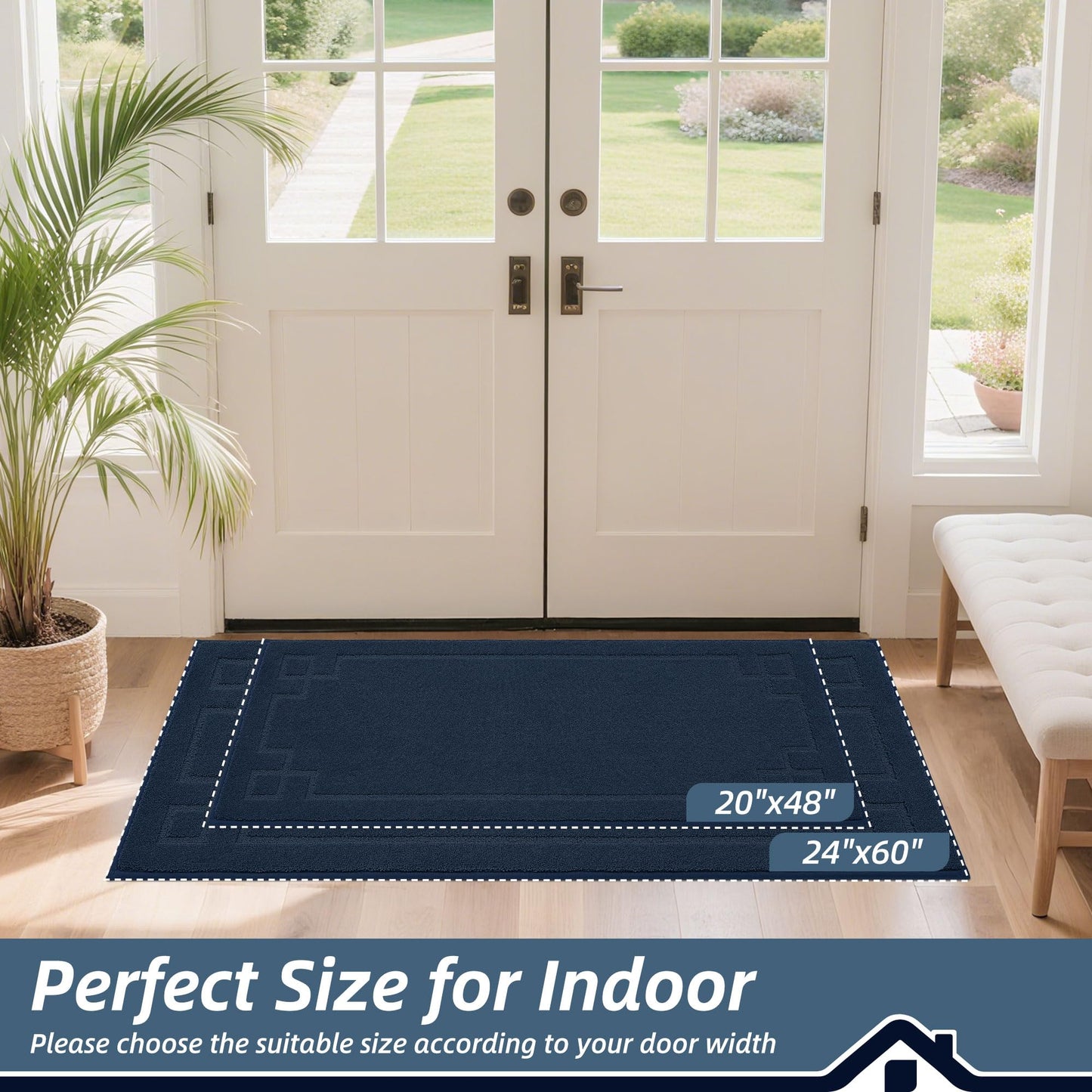 BEQHAUSE Door Mat 24" x 60", Non-Slip Door Mats Indoor Entryway Rugs Washable Low-Profile Absorbent and Stain Resist Floor Mats, Dog Door Mat for Front Back Door, Mud Wet Shoes & Paws, Navy Blue