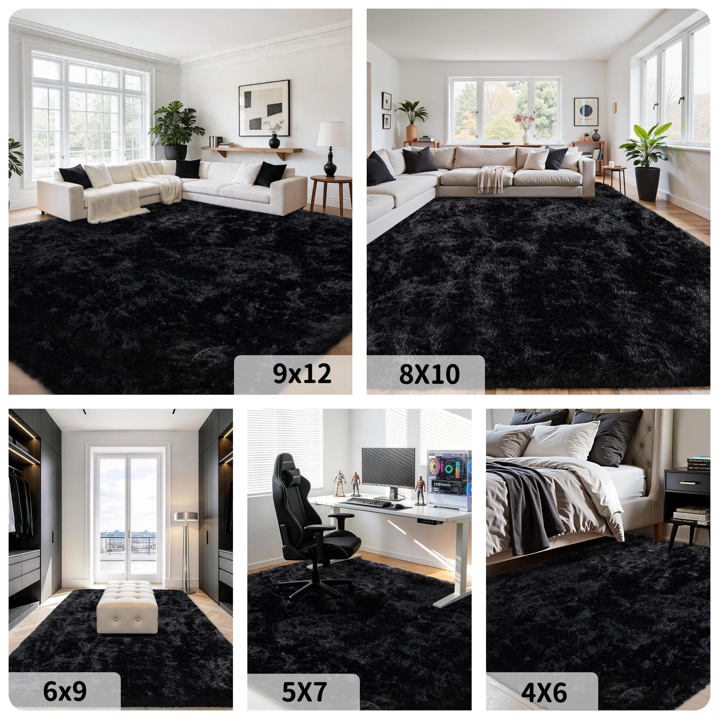 8x10 Area Rug for Living Room:Ultra Soft Fluffy Shag Black Rugs,Large Fuzzy Plush Indoor Non Slip Carpet Washable Rug for Bedroom Kids Nursery Office Dorm Modern Decor(Black)