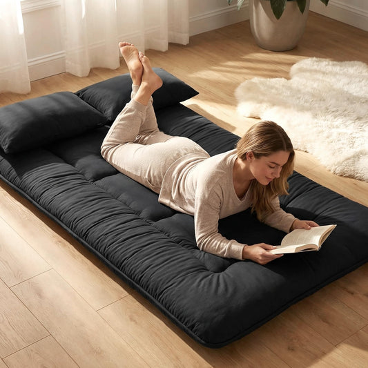 Cosovia Japanese Floor Mattress Futon Mattress, 3.5 Inch Thick Foldable Roll Up Tatami Mat with 2 Pillow Covers, Twin Size Floor Bed for Guest Room Dorm Camping Kids, Black