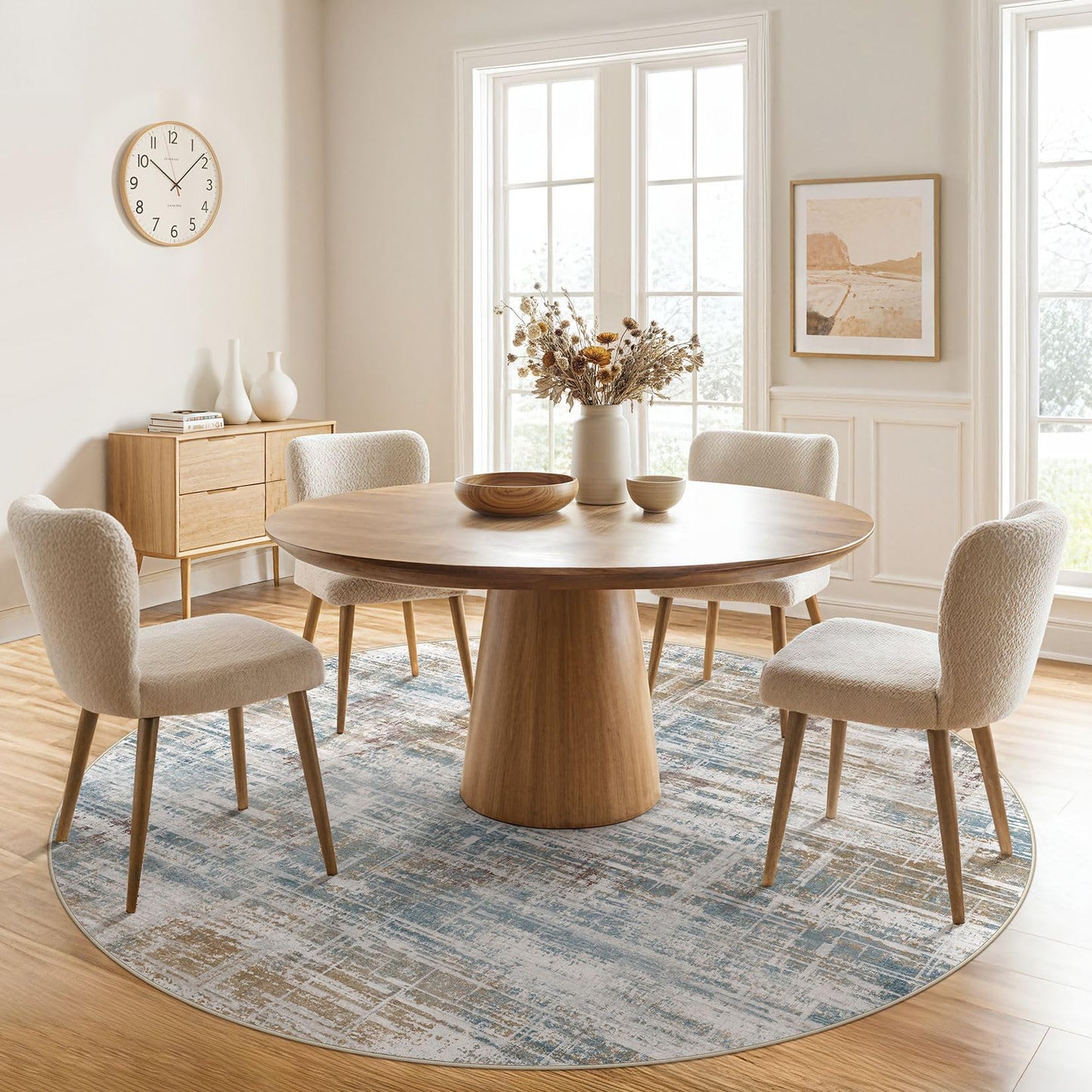 UERMEI 6ft Round Area Rug for Living Room: 6x6 Washable Neutral Abstract Modern Soft Circle Rugs Non Slip Indoor Floor Stain Resistant Carpet for Bedroom Dining Room Office Nursery Blue Brown
