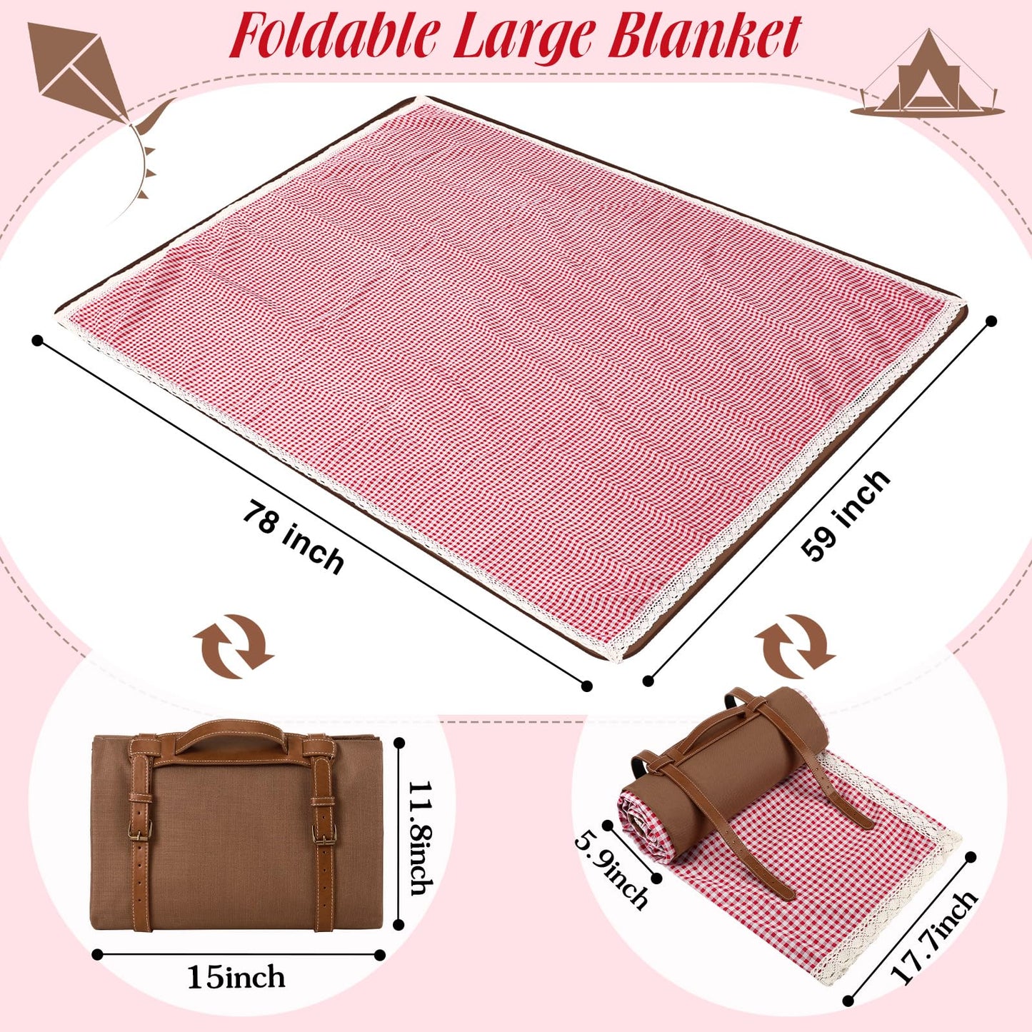 VitalCozy Waterproof Picnic Blankets 59 x 78in Outdoor Blanket Foldable 2 in 1 Double Layer Sandproof Beach Mat with Carry Strap for Camping Lawn Park Beach Grass(Red White)