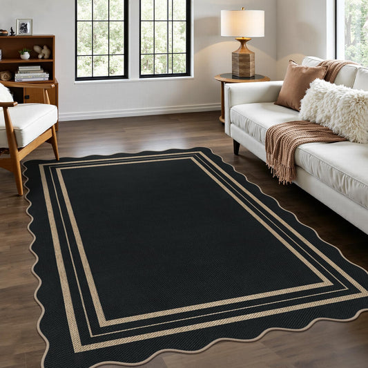 LORWER Modern Easy Jute 4x6 Outdoor Patio Rug, Washable Indoor Black Kitchen Rugs Farmhouse Neutral Non Slip Area Rug for Living Room Backyard Bedroom