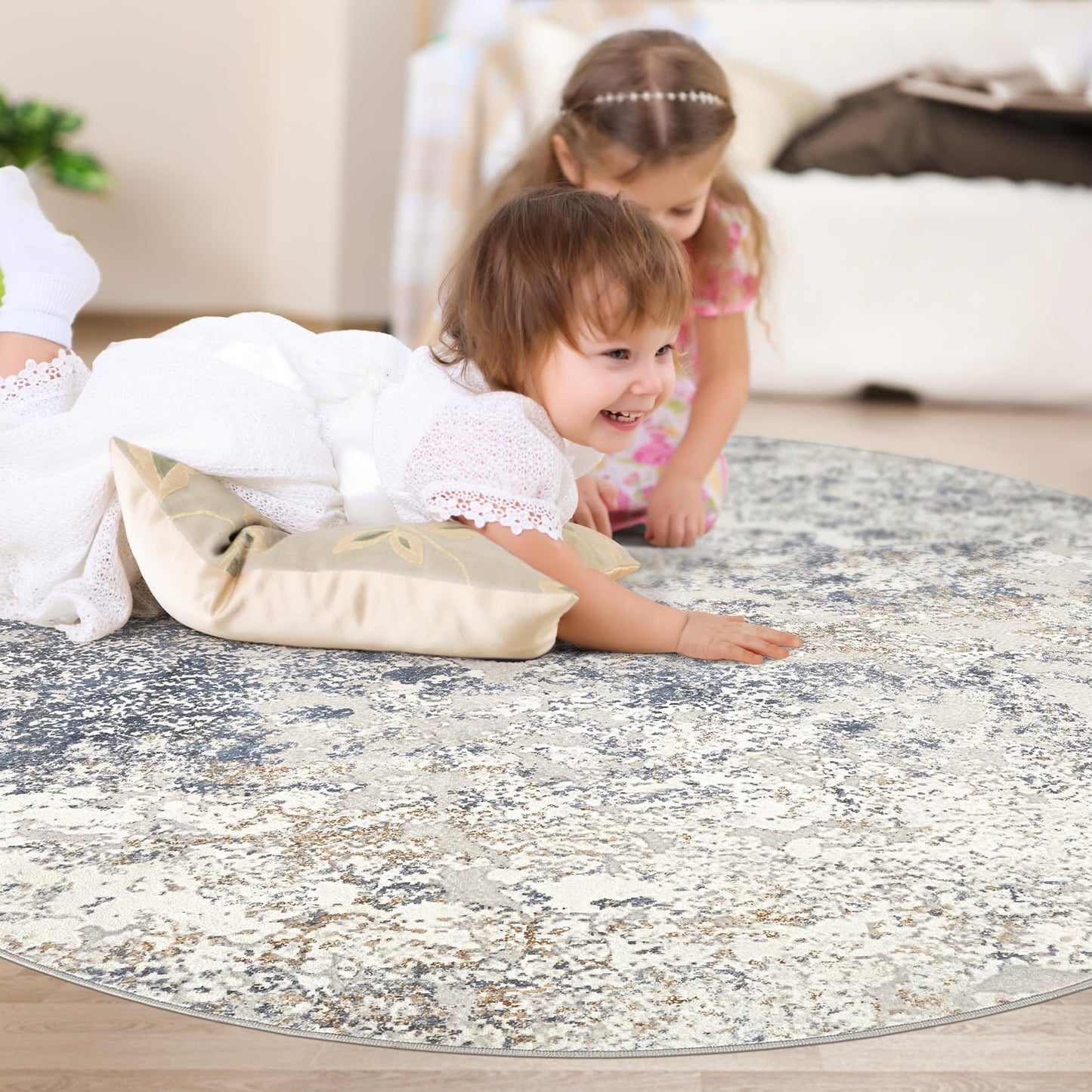 DMOYEST 5ft Round Area Rug Living Room Rugs - 5x5 Washable Large Soft Indoor Neutral Modern Abstract Low Pile Rug Carpet for Bedroom Dining Room Farmhouse Home Office - Beige Blue