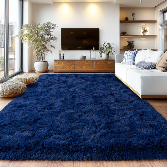 Shag Area Rugs for Living Room, Soft Fuzzy Plush Rugs, Upgrade Anti-Skid Modern Furry Rugs Fluffy Carpets for Kids Room Nursery Home Decor Dark Blue, 6X9 Feet