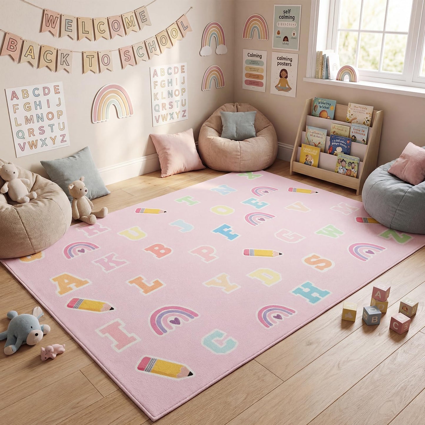 Breling 4 x 3.2 ft ABC Alphabet Rug, Pink Boho ABC Learning Rug for Toddlers, Educational Floor Mat Non-Slip Reading Corner Emotion Soft Fluffy for Classroom, Preschool, Playroom