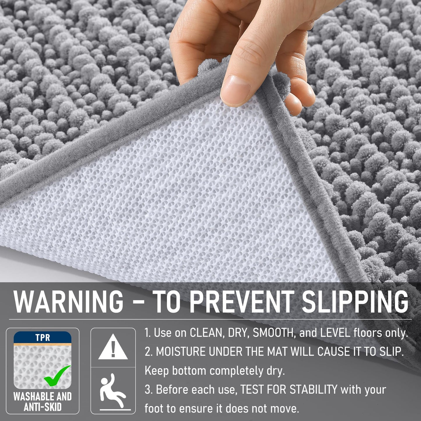OLANLY Bathroom Rug Mat 30x20, Thick Soft and Absorbent Chenille Bath Mat, Non-Slip Rubber Backing, Machine Washable Quick Dry Bath Rugs for Tub Shower Floor, Home Decor Accessories, Grey