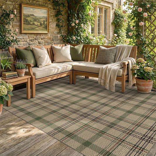 JTJ 5x7 Plaid Area Rug for Living Room - Large Indoor Outdoor Rug for Porch, Bedroom Under Bed, Non Slip Modern Farmhouse, Easy Jute Washable Beige and Sage Green Striped Aesthetic Room Decor