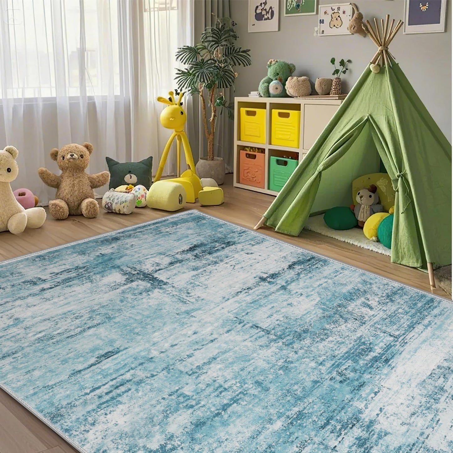 FLYRUGGO 4x6 Abstract Rug for Entryway, Modern Teal Grey Washable Indoor Entry Way Area Rugs, Thin Soft Non-Slip Carpet Door Mat for Dining Room Kitchen Bedroom - Teal+Gray