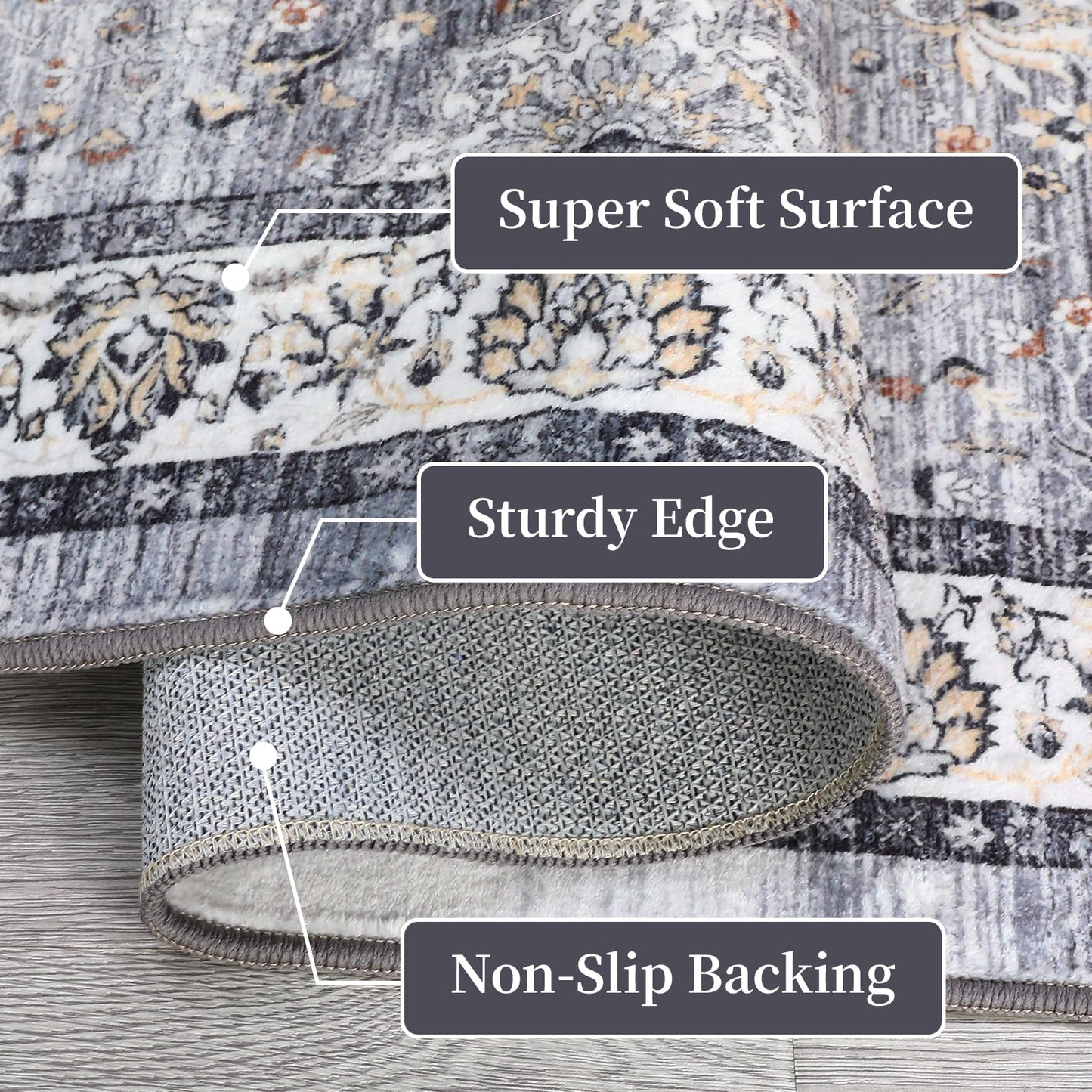 GarveeHome Washable Vintage Boho Floral Gray Rug - 5'x7' Soft Faux Wool Low Pile Stain Resistant Carpet for Living Room, Bedroom, Office, Nursery, Dining Room