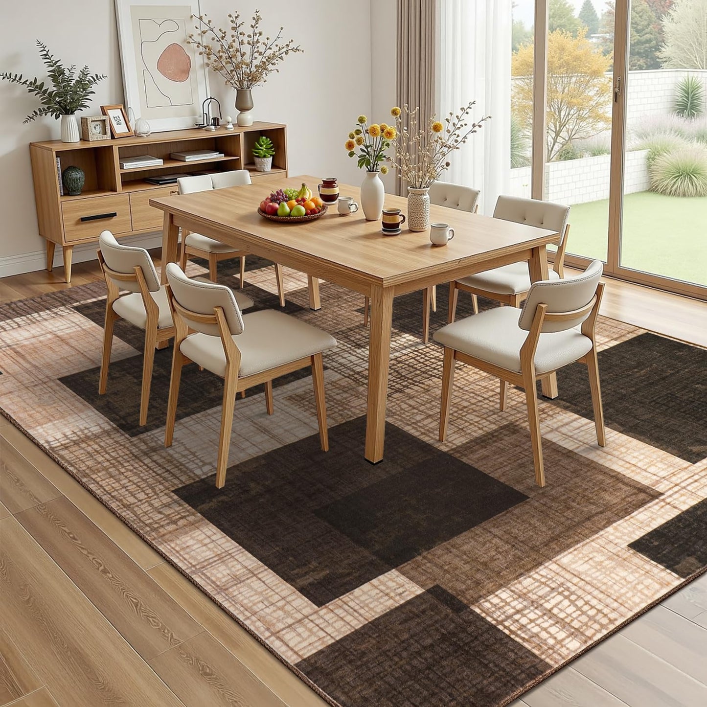 Modern Indoor Area Rug for Living Room, 8x10 Large Low Pile Geometric Patchwork Rug for Bedroom, Dining Room, Office, Hardwood Floors Home Decor, Non-Slip Faux Wool Machine Washable Area Rugs, Brown