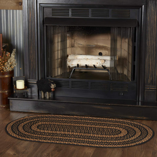 VHC Brands Farmhouse Primitive Jute Black Striped Accent Rug Oval w/Floor Pad 27"x48"