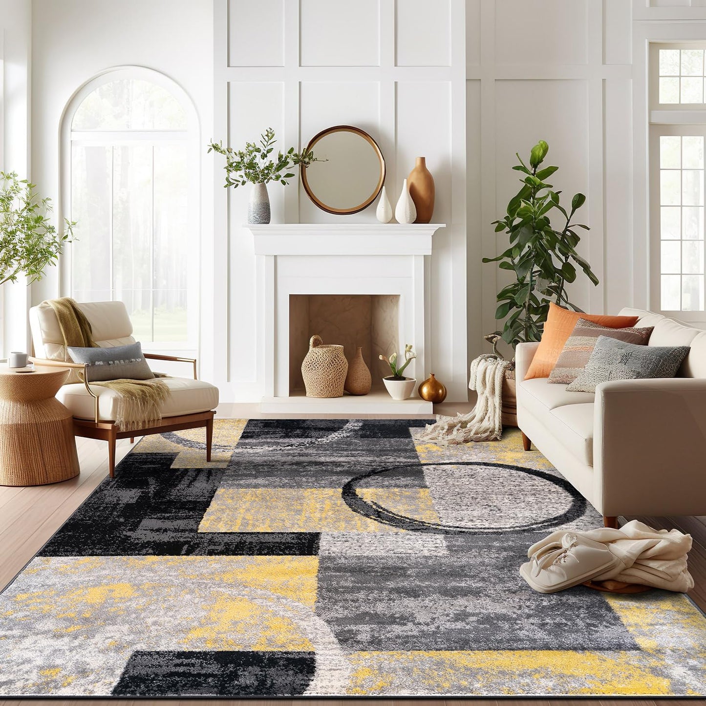 Rugshop Contemporary Circle Design Area Rug, Carpet with Jute Backing for Living Room, Bedroom, or Dining Room, Yellow, 5'3" x 7'3"