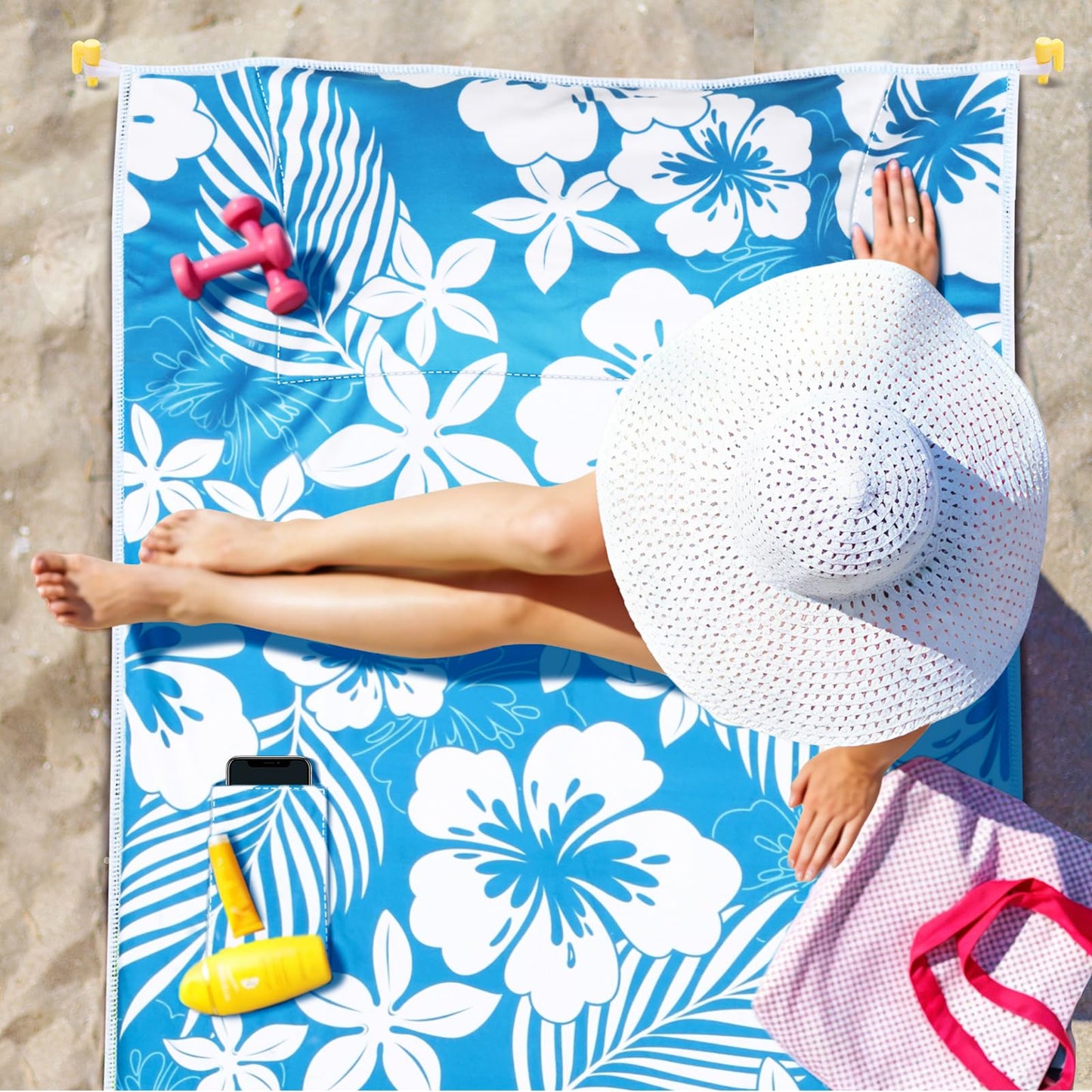 GJQ Beach Blanket Waterproof Sandproof with Inflatable Pillow, 79"×35" Sand Free Beach Mat with 4 Stakes & Carry Bag, Lightweight Portable Beach Blankets for Beach Travel Camping Picnic