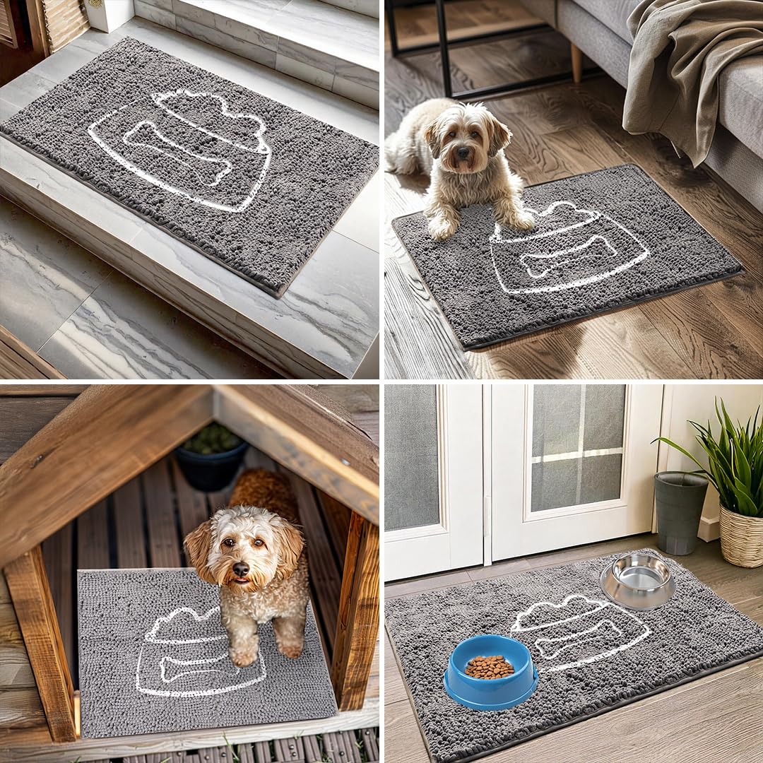 Muddy Mat® Pet Bowl Dog Door Embroidery Mat Super Absorbent Microfiber Indoor Outdoor mat for Muddy Paws, Non-Slip Washable Pet Rug, Quick Dry Chenille Entryway Carpet, Machine Washable – Grey 19”x30”