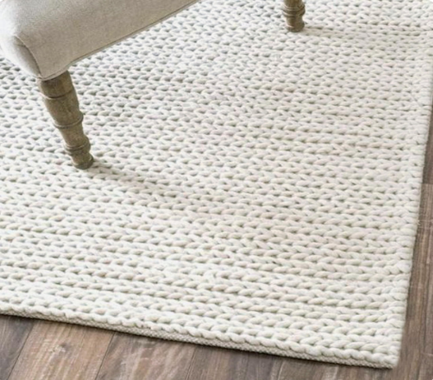 FRELISH DECOR Wool Cotton Area Rug for Living Room and Bedroom, 6'x9' Handwoven Braided Chunky Knit Cable Rugs, Farmhouse Contemporary Area Rug: Wool Ivory Premium