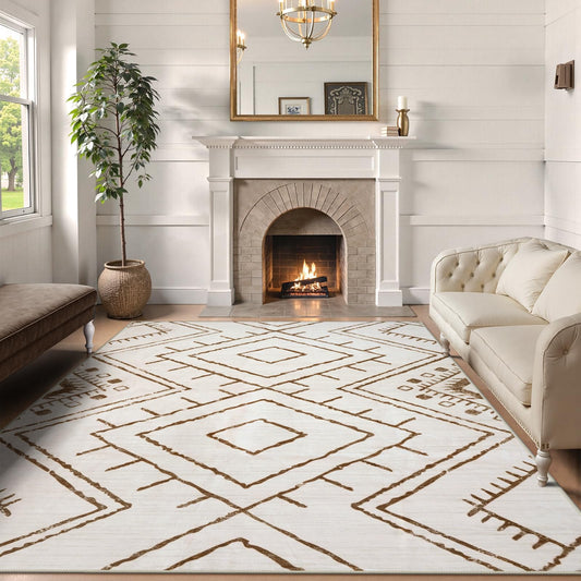 LIVEBOX Moroccan 8x10 Area Rug, Beige Washable Rugs for Living Room Bedroom, Non Slip Western Tribal Rug Low Pile Geometric Large Area Rugs Diamond Carpet for Dining Room, Nursery Room, Playroom Boho
