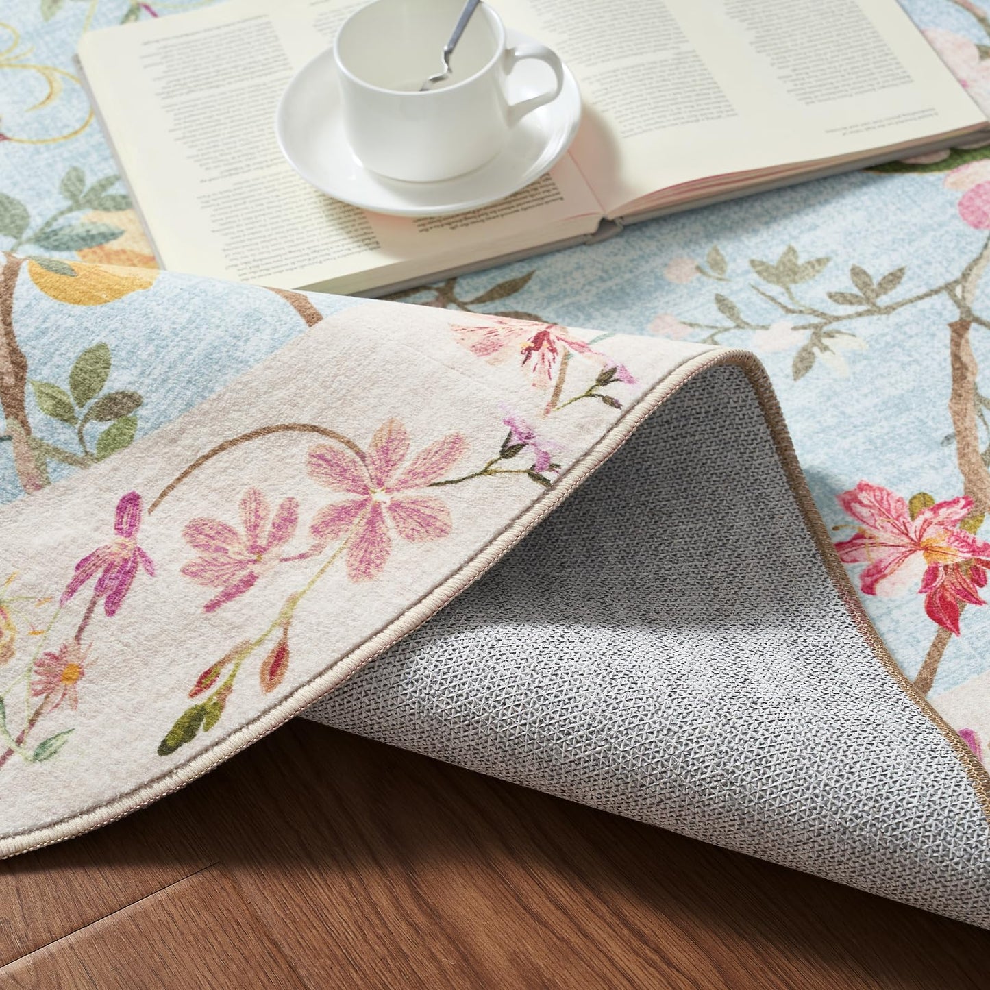 jinchan Floraison Floral 5x7 Oval Area Rug Washable Oriental Flower Design Non-Slip Lightweight Low-Pile Soft Chinoiserie Carpet for Living Room Bedroom Nursery Home Decor Blue/Pink