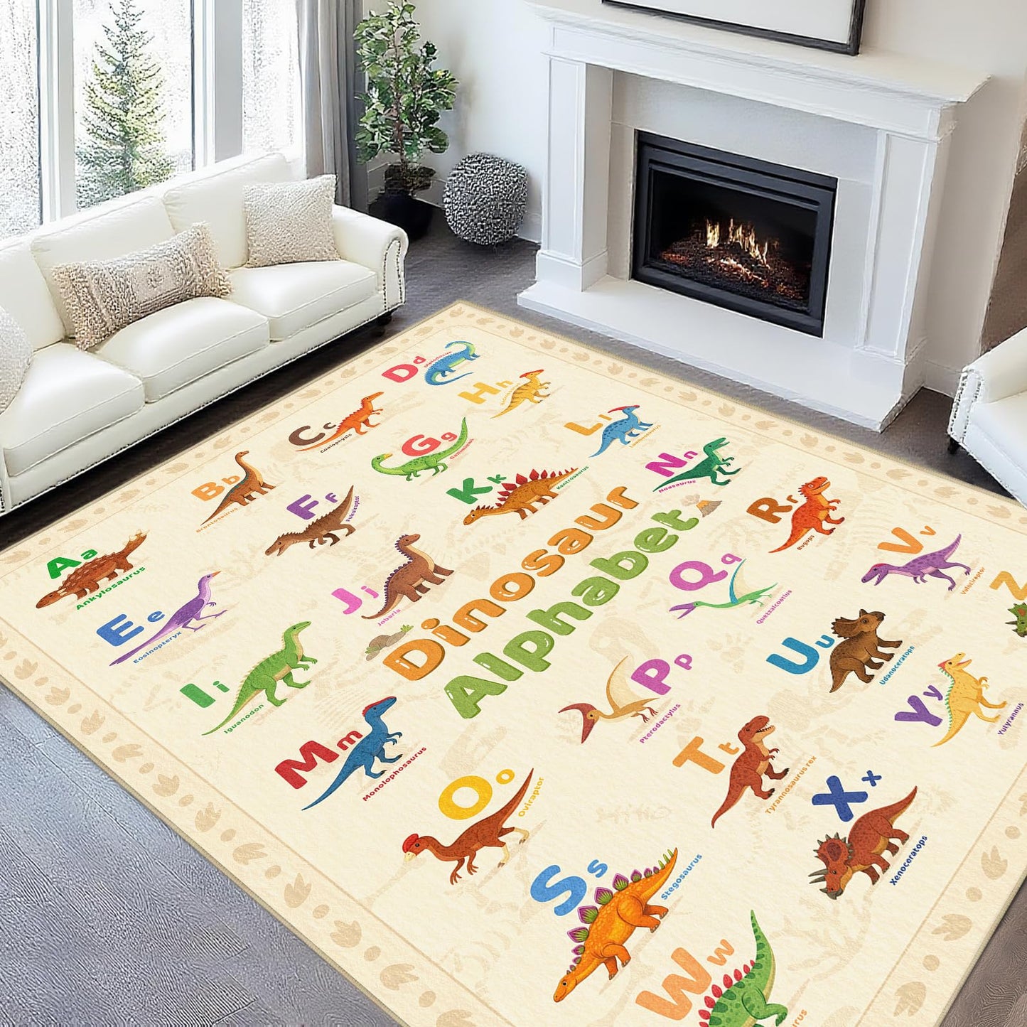 Area Rug 6x9 Living Room Dinosaur Rug Dino Alphabet Toddler Educational Area Rugs Machine Washable Non Slip Low Pile Large Dining Room Indoor Floor Carpet for Kids Room Nursery Playroom,Beige