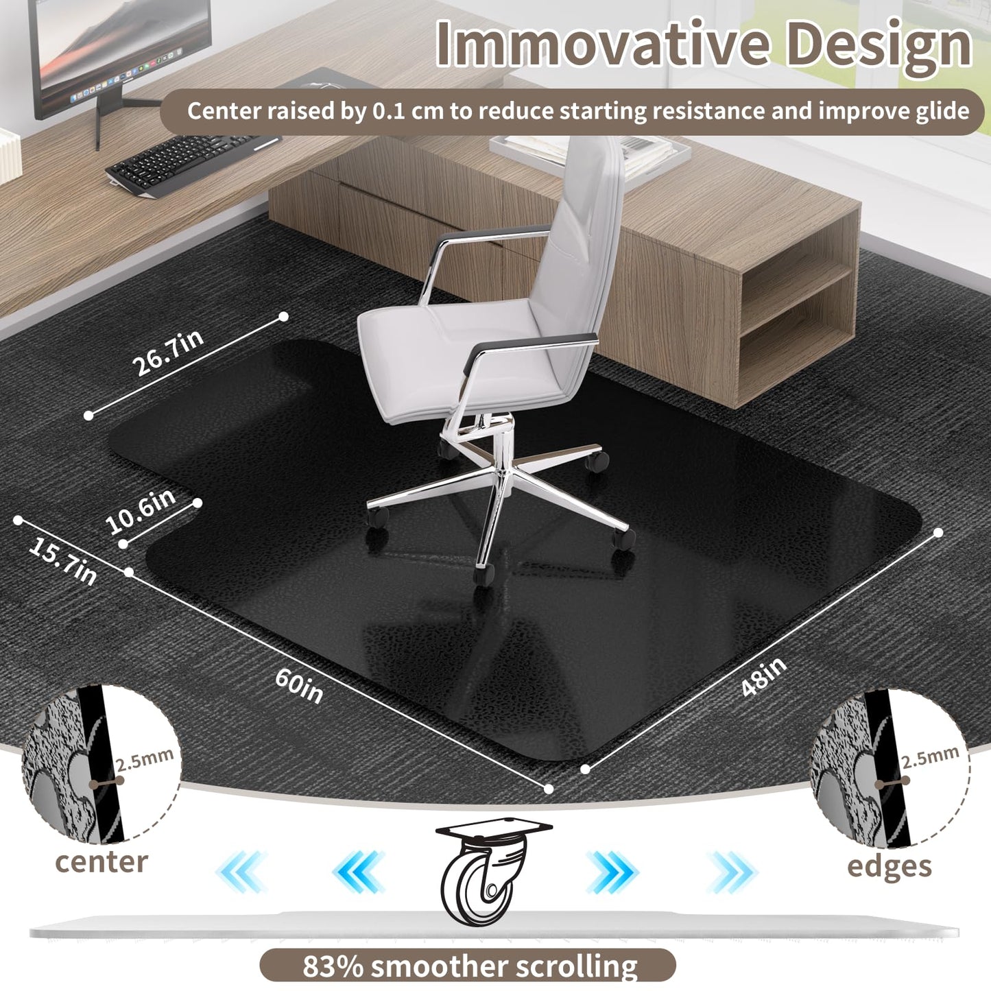 Office Chair Mat for Low Pile Carpeted Floors with Lip, 48" x 60" Heavy Duty Floor Mat for Desk Chair on Carpet,Easy Glide Carpet Protector Mat for Computer Chairs,Rolling Chairs,Office,Home,Anti-slip