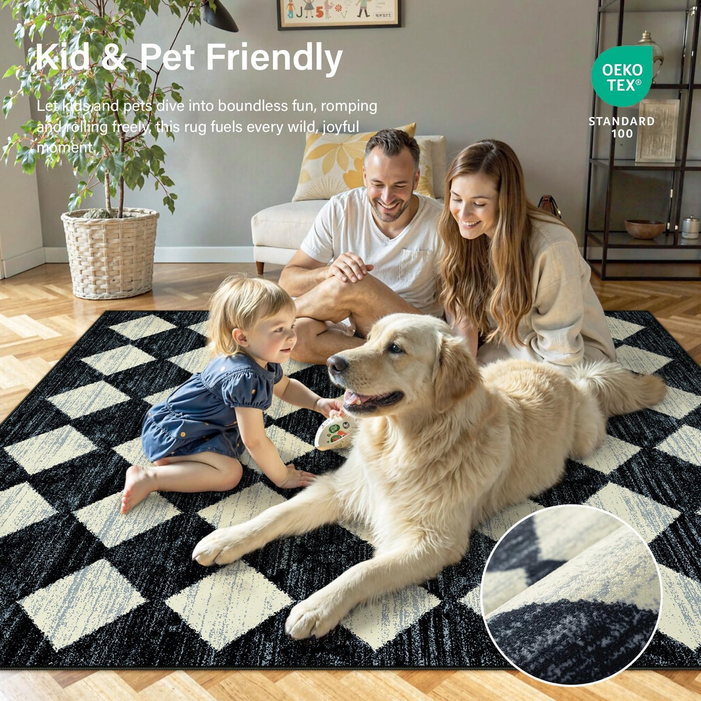 Lahome Zelie Moroccan Trellis Area Rug, 2x3 Small Black Checkered Entryway Rug Non Slip Kitchen Mat, Stain Resistance Indoor Modern Floor Soft Throw Carpet for Front Door Bathroom Sink Bedroom