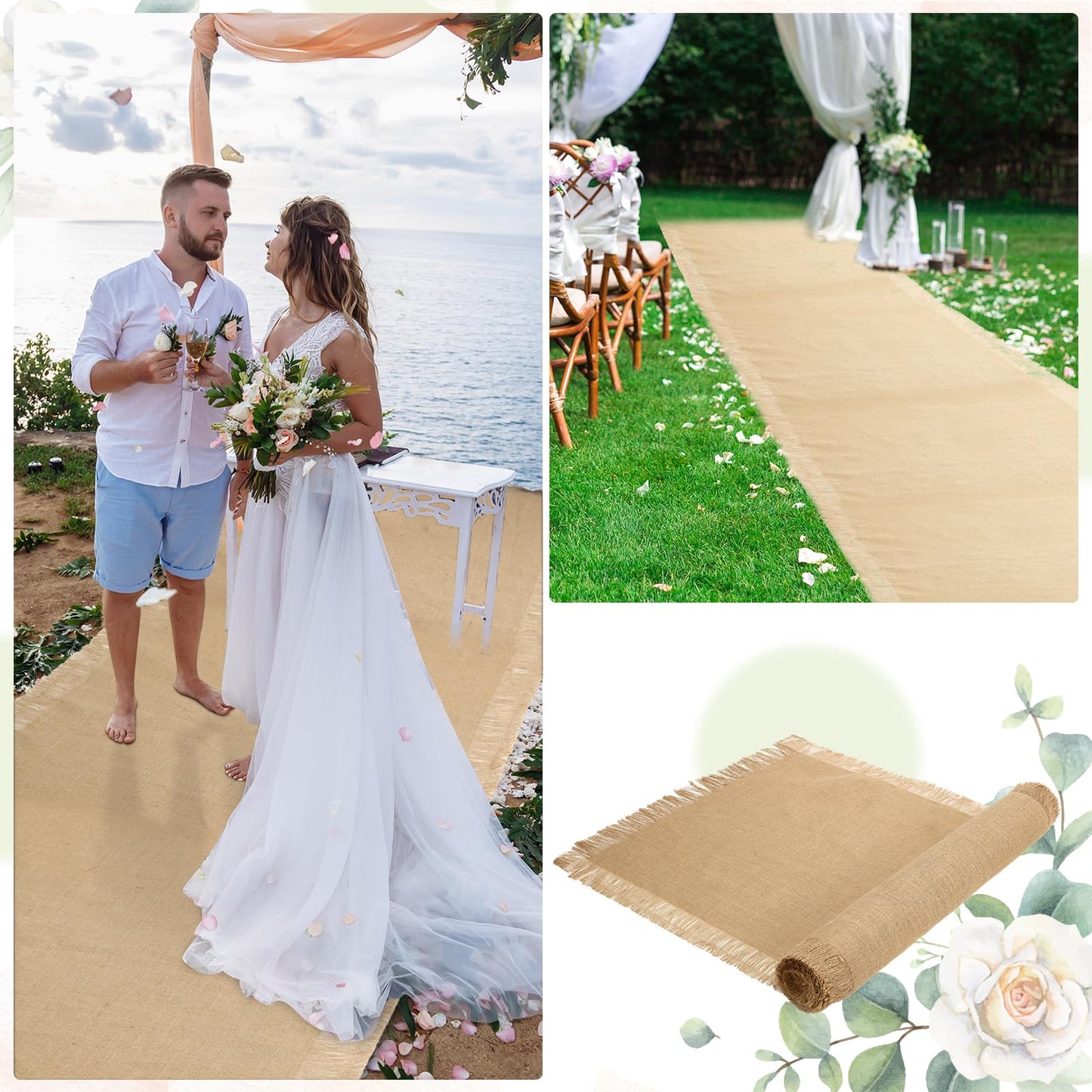 VitalCozy 1 Piece 40 Inch x 50 Feet Wedding Aisle Runners Jute Rustic Burlap Aisle Runner with Fringed Edge Ceremony Runway Carpet Roll for Indoor Outdoor Floor Outside Wedding Party Bridal Shower